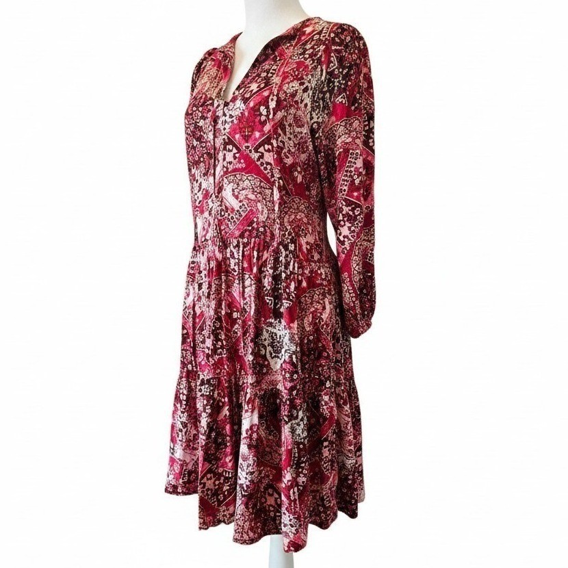 Calvin Klein Women’s Size 4 Boho Midi Dress 3/4 Sleeve Paisley Print Burgundy