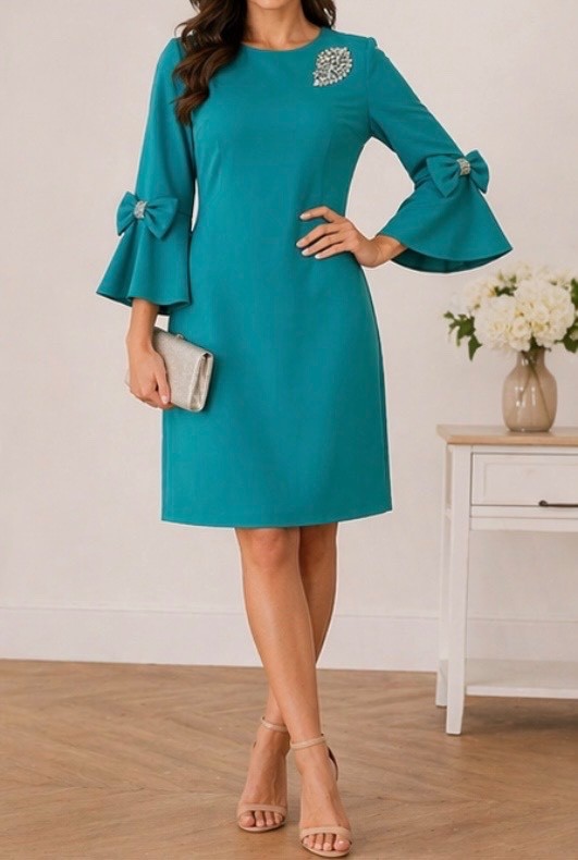Lily & Taylor Teal Dress Sz 20 Embellished Brooch Bell Sleeve Bow Church