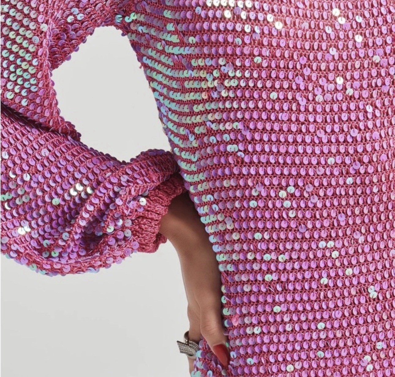 Retrofête Tara Sequin Crochet Mini Dress Iridescent Pink Size M/L NWT Barbiecore