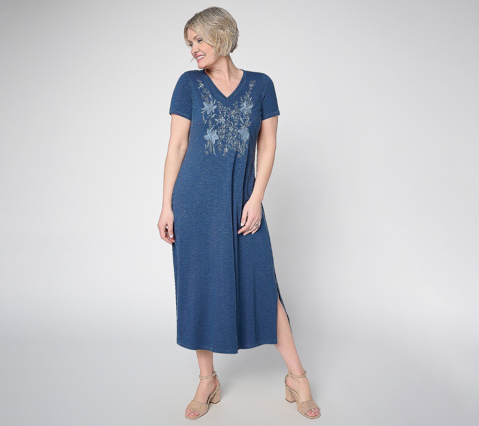 Belle by Kim Gravel Slub Knit Embroidered Maxi Dress Indigo 2X Pockets