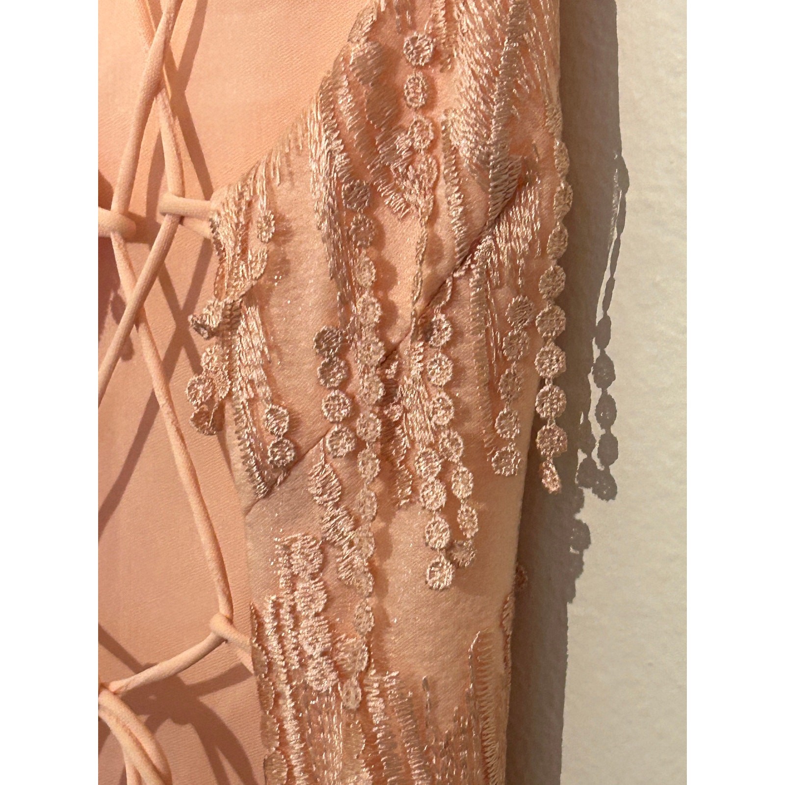 EUC- Lulus Making Magic Blush Pink Fringe Lace-Up Mini Dress SZ S – Retail $70