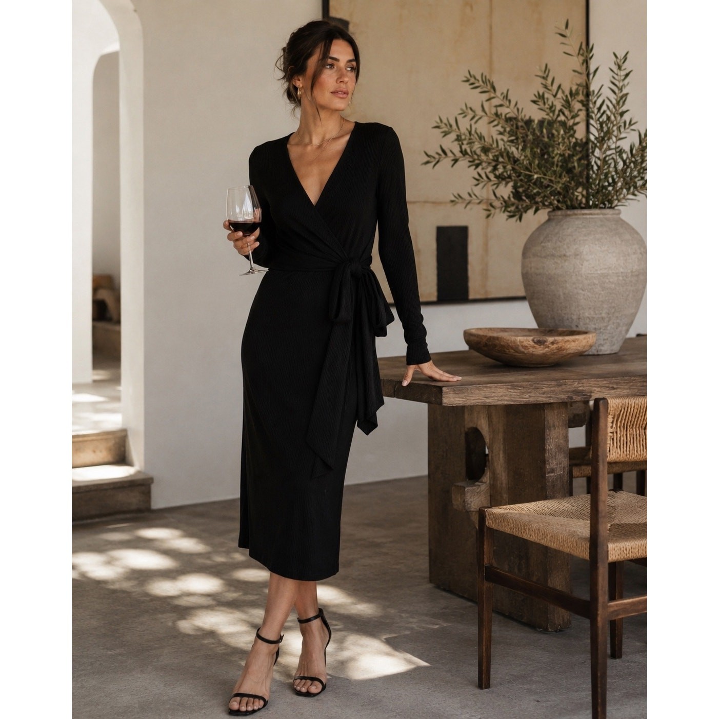 Rag & Bone Rib Knit Wrap Tie Midi Dress Black Small