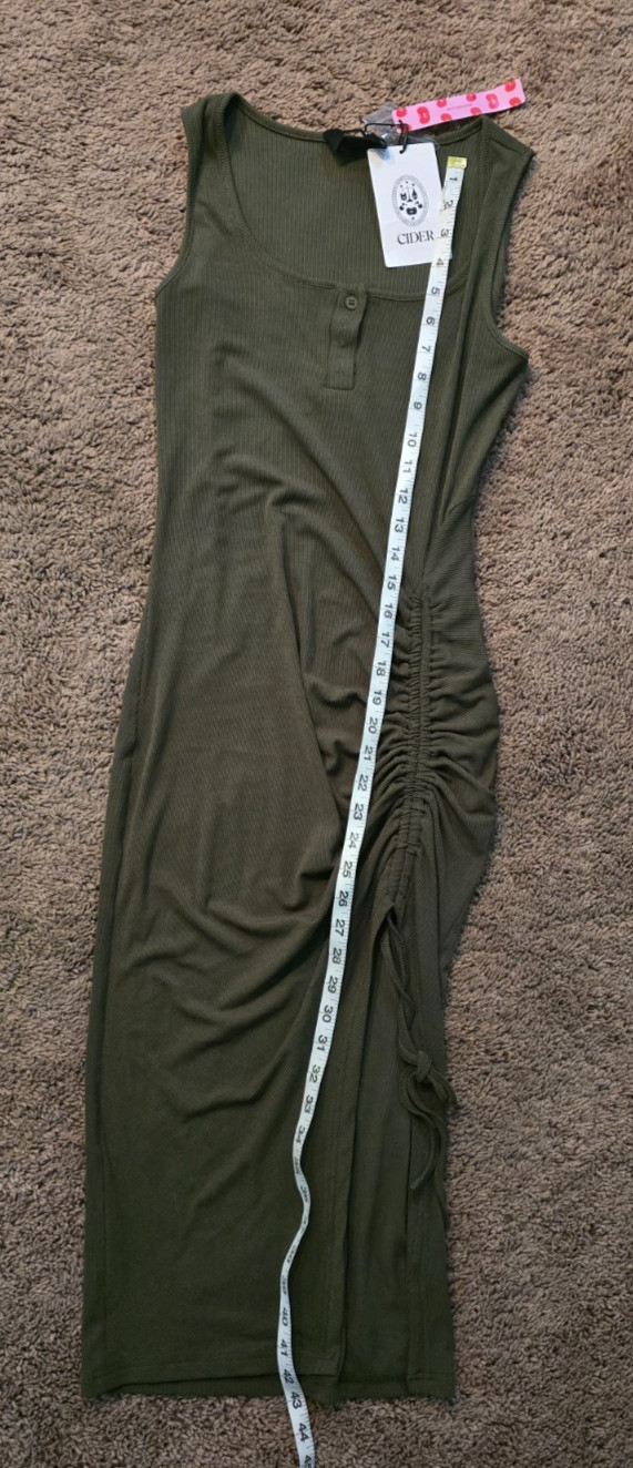 NWT Cider Green Ribbed Button Drawstring Slit Midi Dress Sz Medium