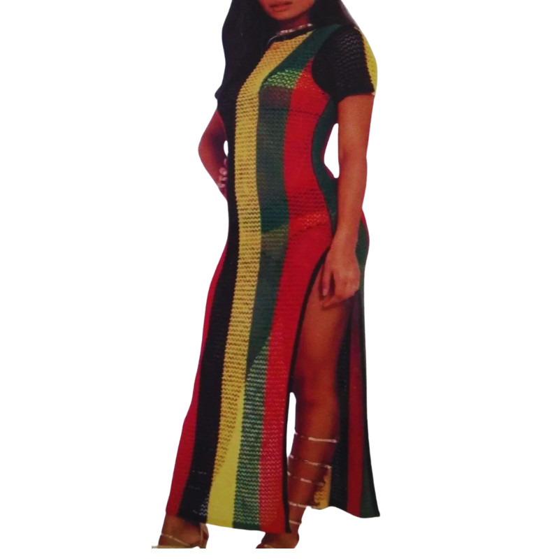 Jamaican Maxi dress, Multicoloured, Side split Fashion, work, Mesh maxi dress