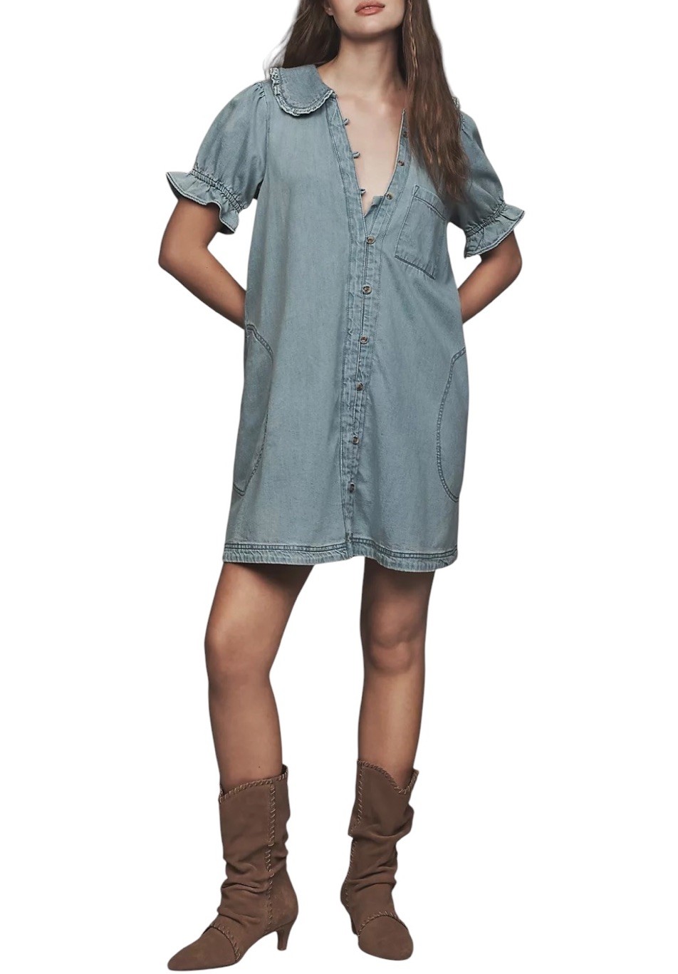 Anthropologie Pilcro Keira Denim Mini Dress Size L Babydoll Tiered ShirtDress