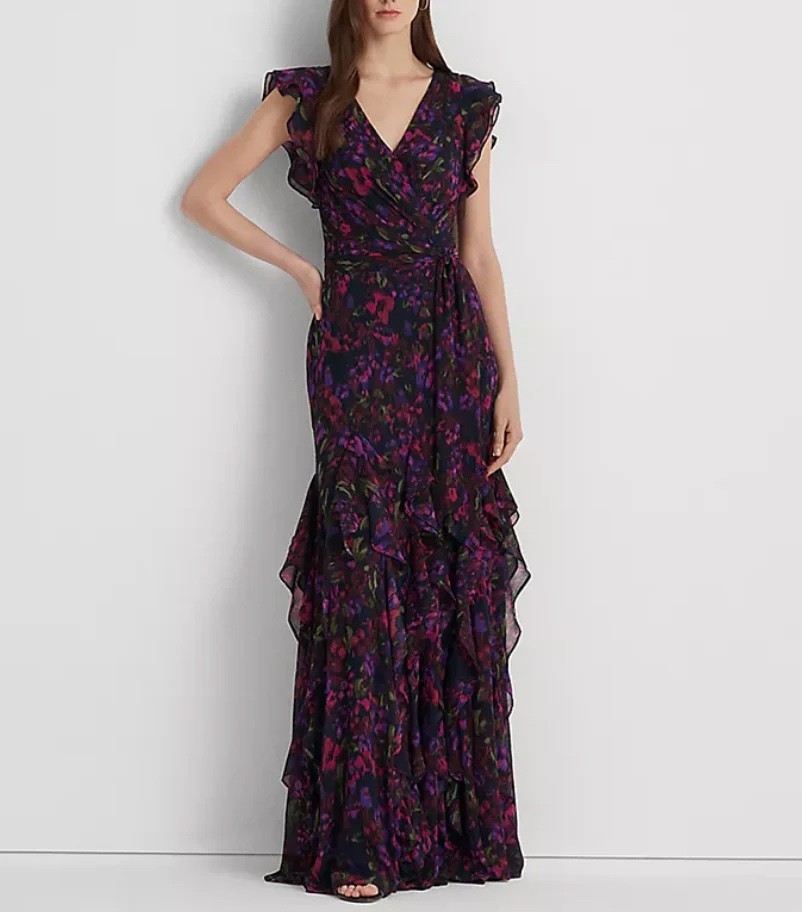 Ralph Lauren Georgette Dress Long Formal Ruffle Floral 6