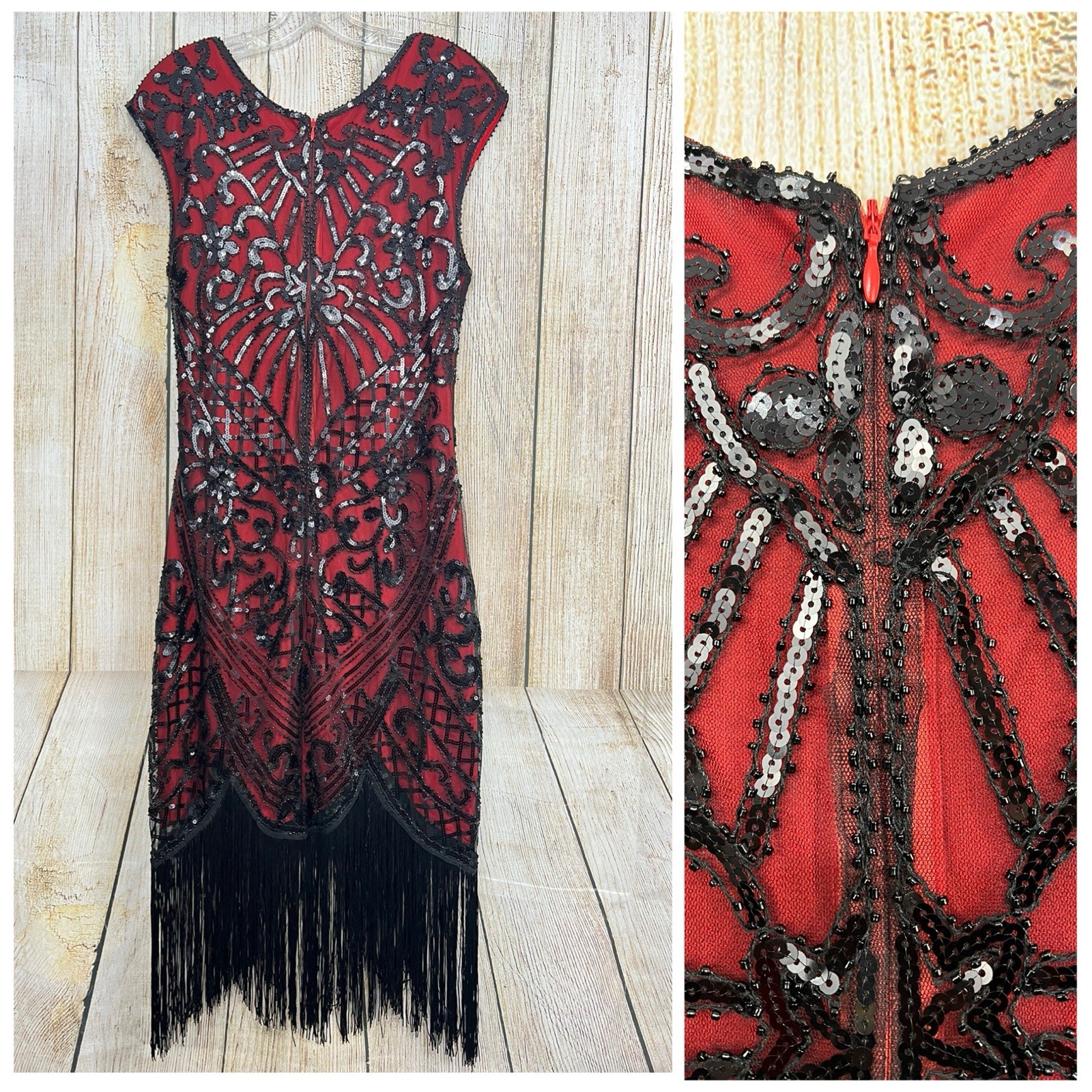Flapper Dress Roaring 20s M Red Black Beaded Sequin Fringe Gatsby Art Deco Party