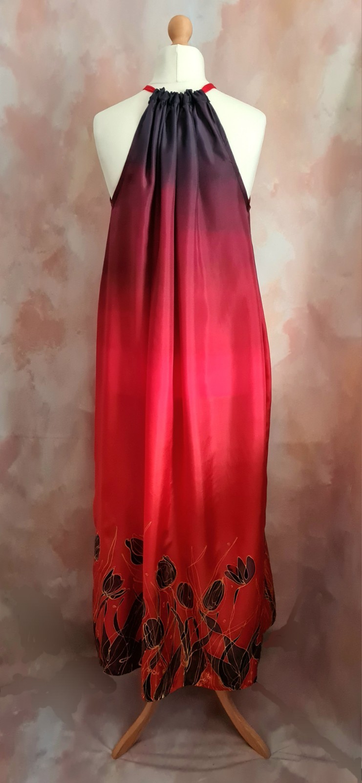 Bespoke Hand Painted Signed Silk Red/Black Tulips Summer Party Dress with Shawl