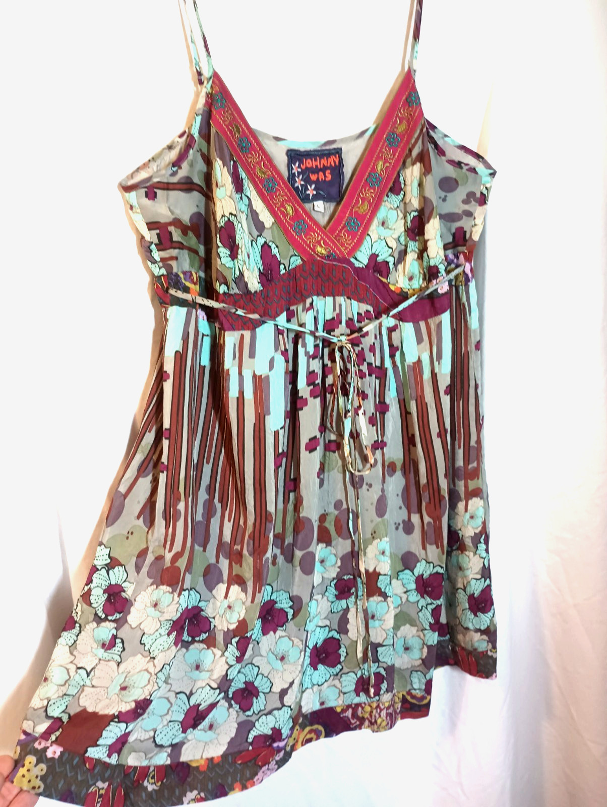 Johnny Was sundress, L, teal and purple, rayon/silk. DS07