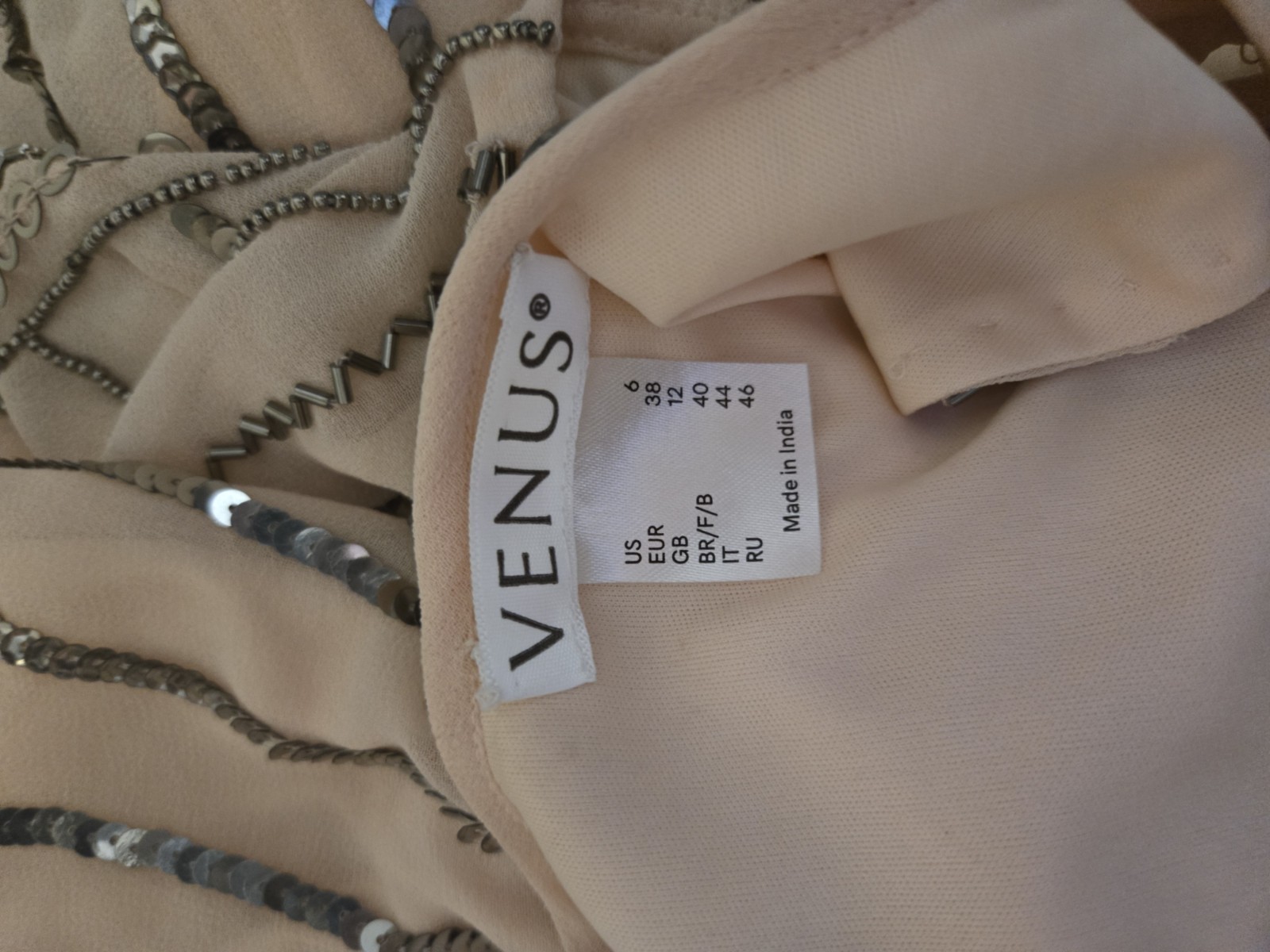 VENUS 6 Beige Beaded Sequin Round Neck Sleeveless Cutout Knee Bodycon Dress