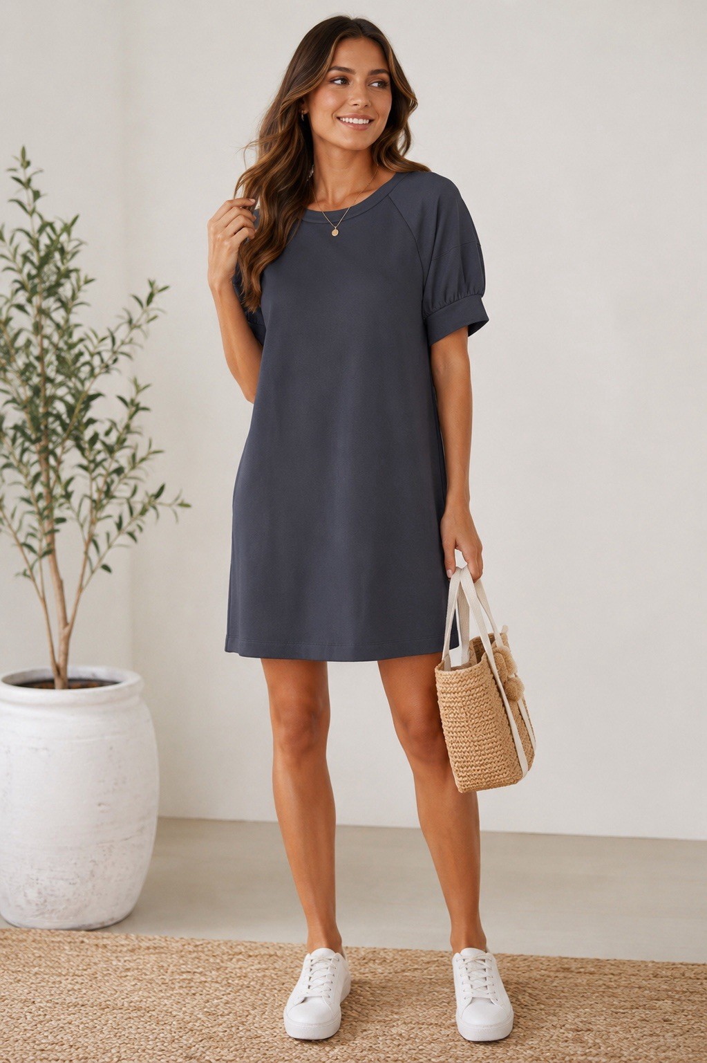 EVEREVE Women’s Puff Sleeve T-Shirt Dress XS Charcoal Gray Minimalist Comfycore