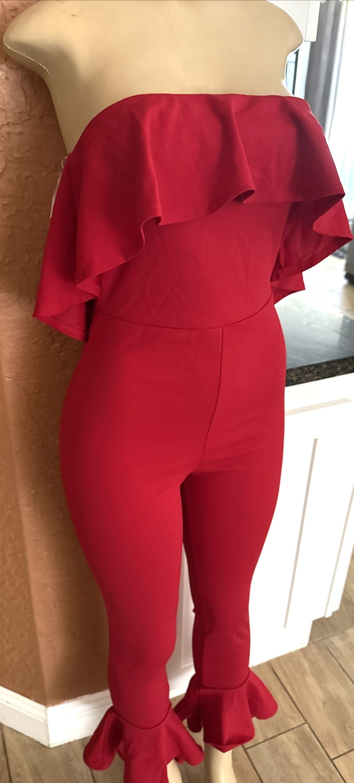 Fashion Nova Red Jumpsuit Ruffle Tube Top One-Piece Romper Sz Small b1