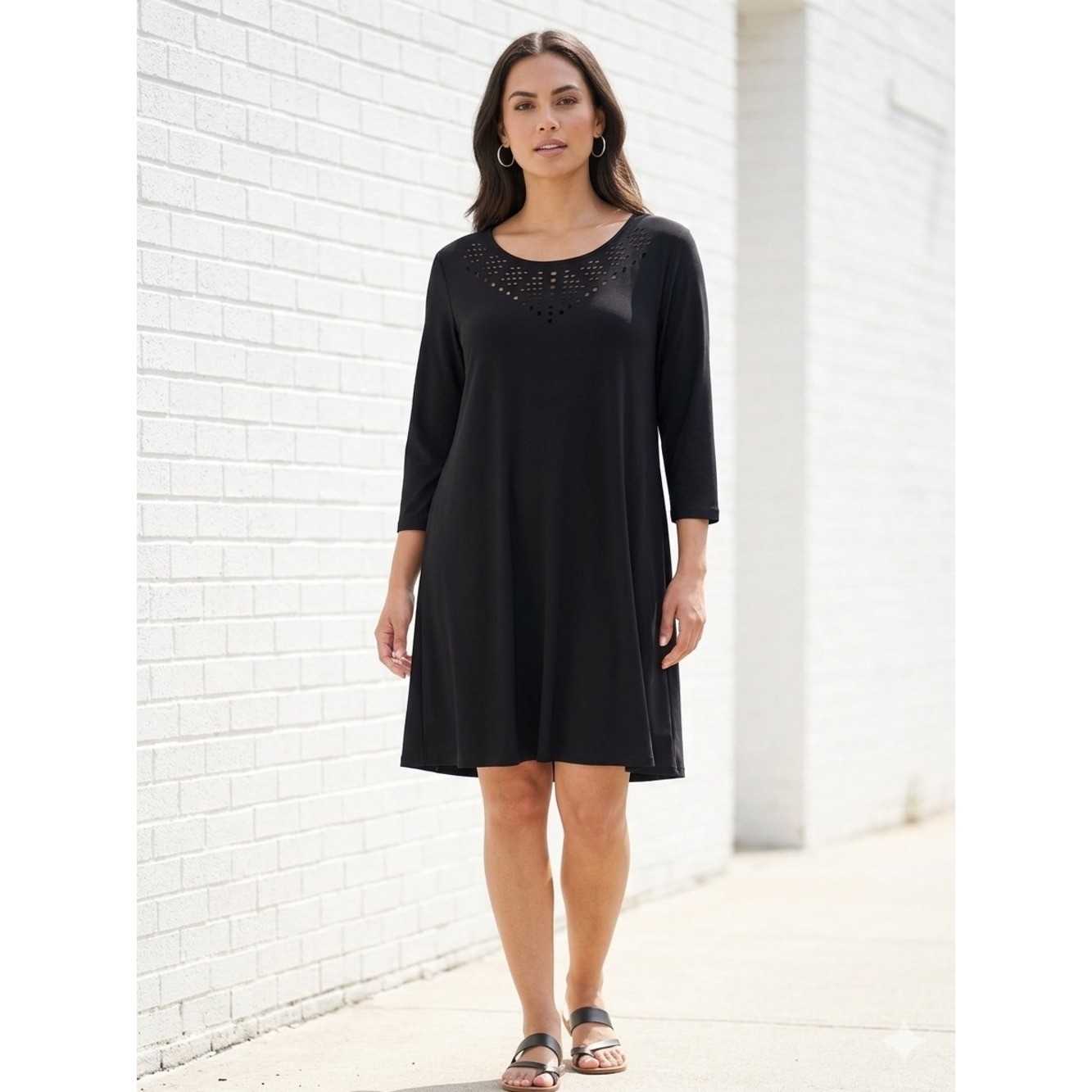Sympli Black Swing Dress Laser Cut Neckline Classic Minimalist Lagenlook 14
