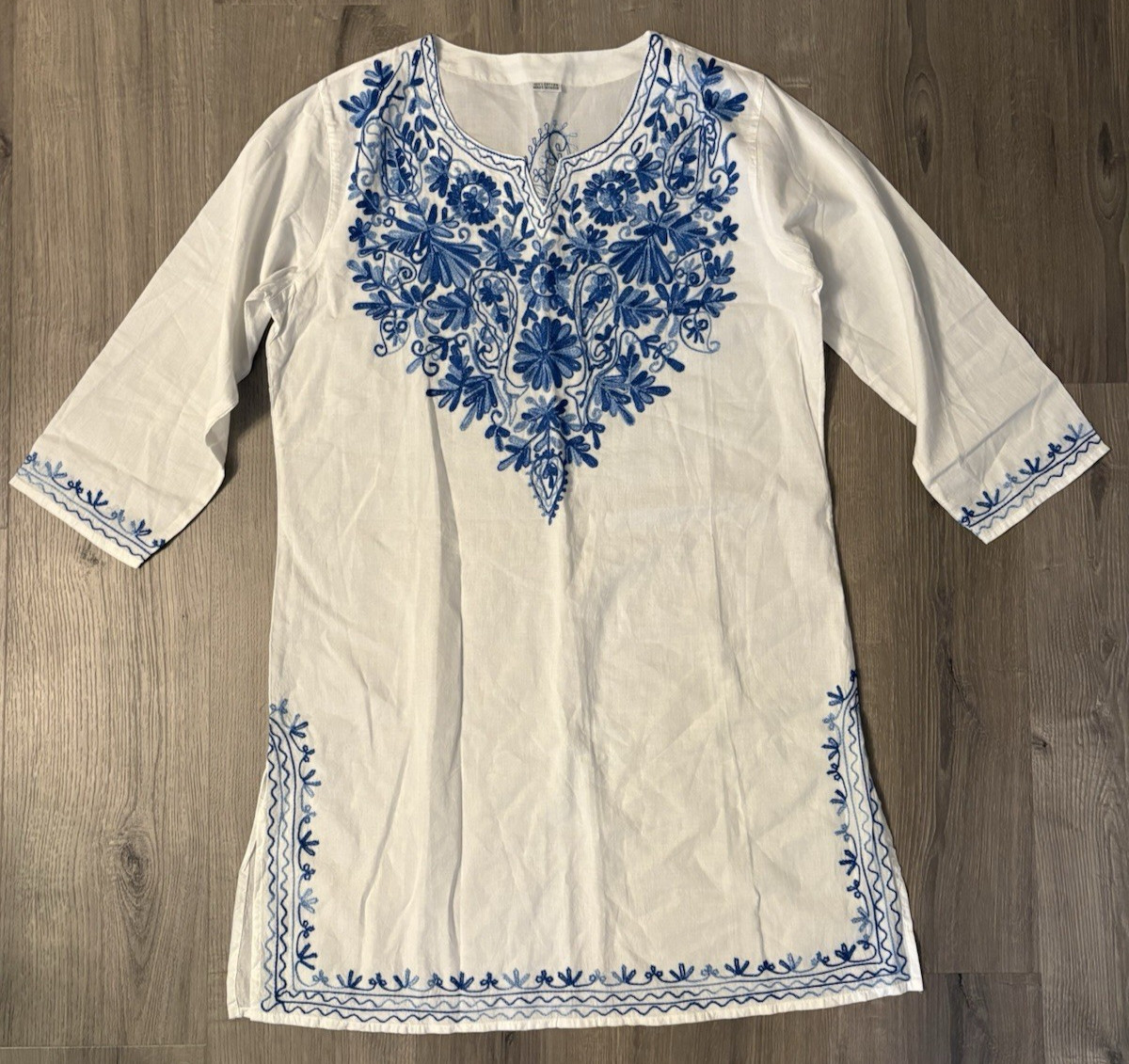White Blue Embroidered Tunic India Sundress Cover Up Long Sleeve SIZE UNKNOWN