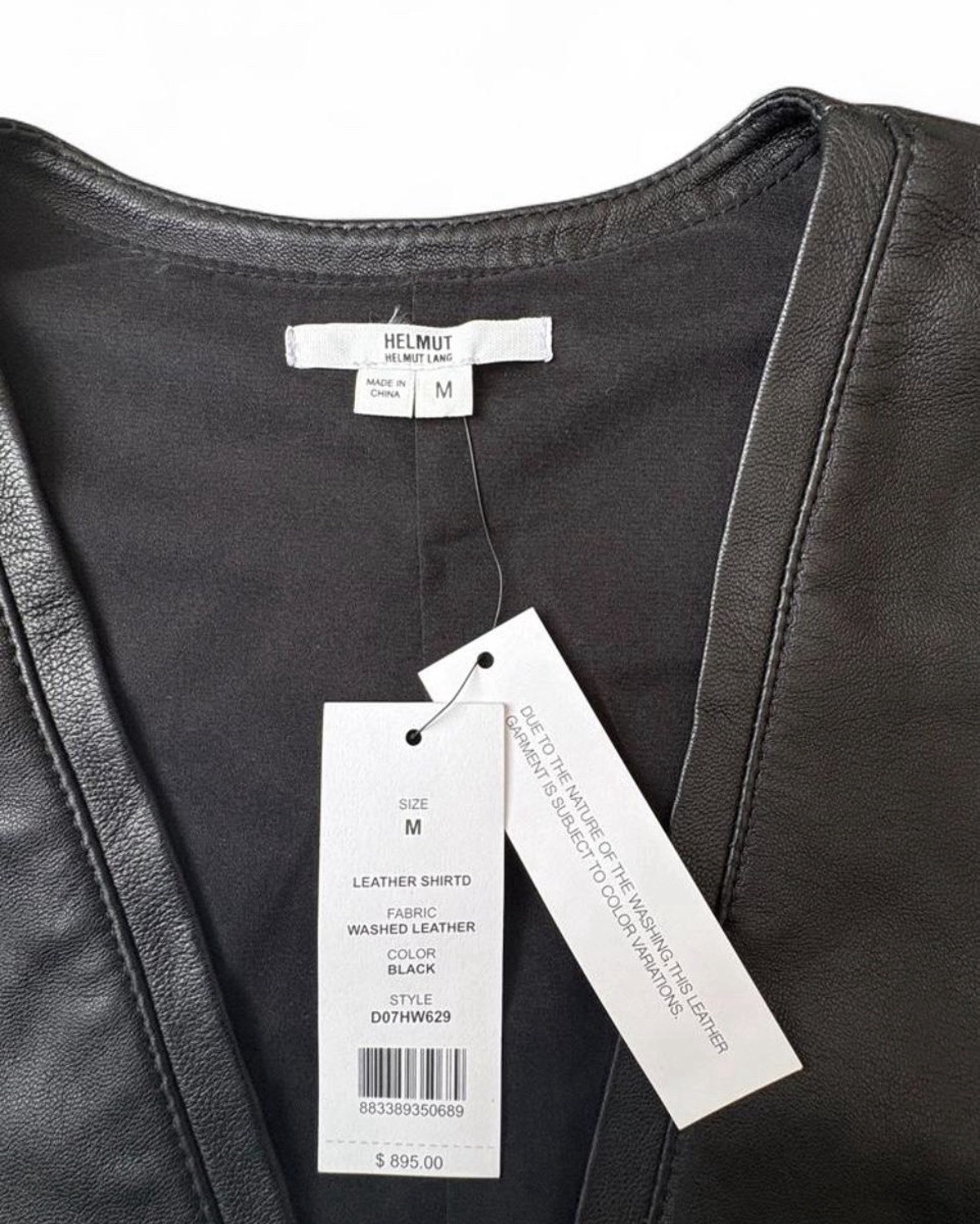 Helmut Lang Black Leather Solid V-Neck Short Sleeve Shift Knee Dress Lined M