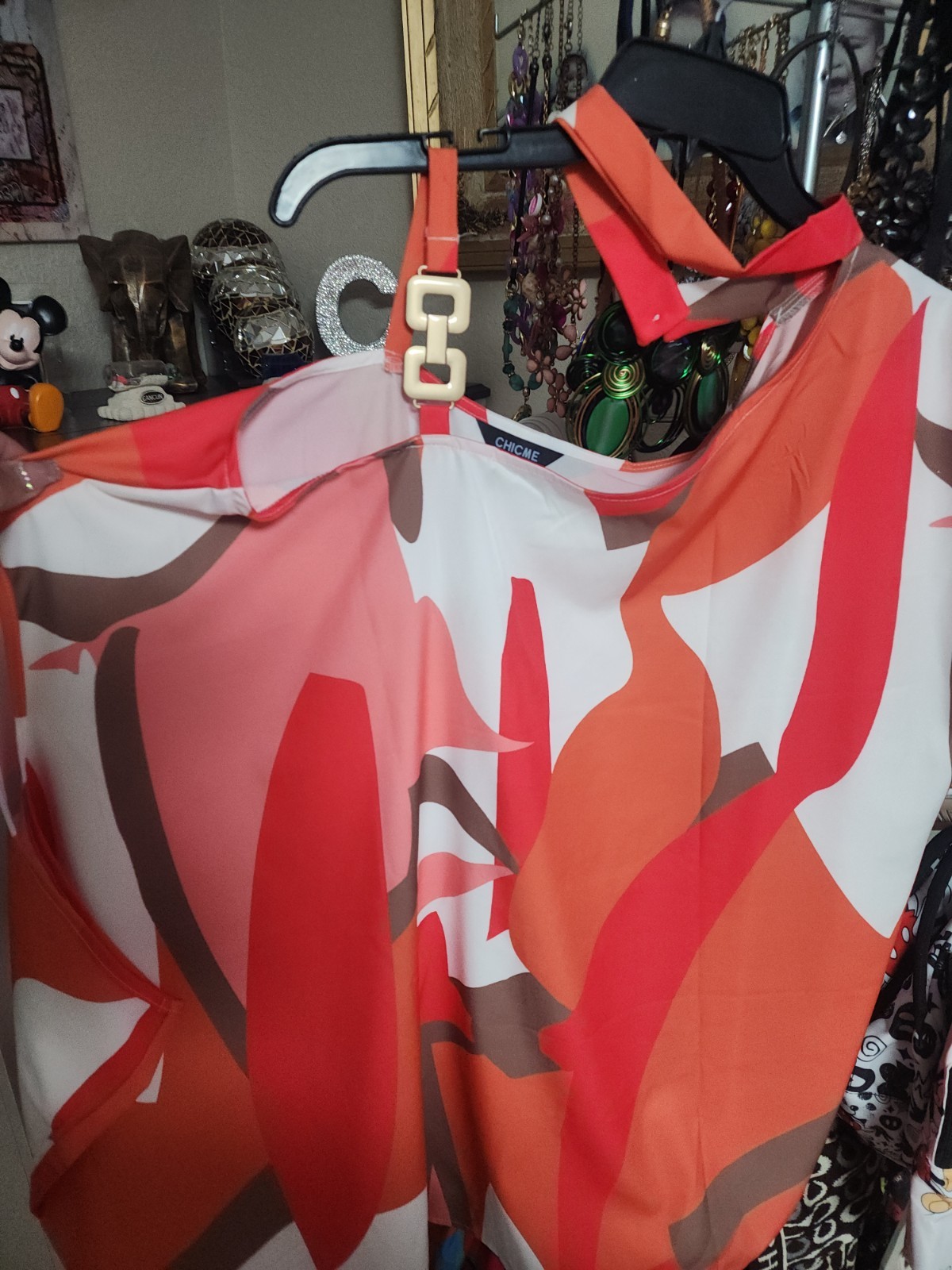 One Shoulder Abstract Print Long Dress Orange Red Brown White 14