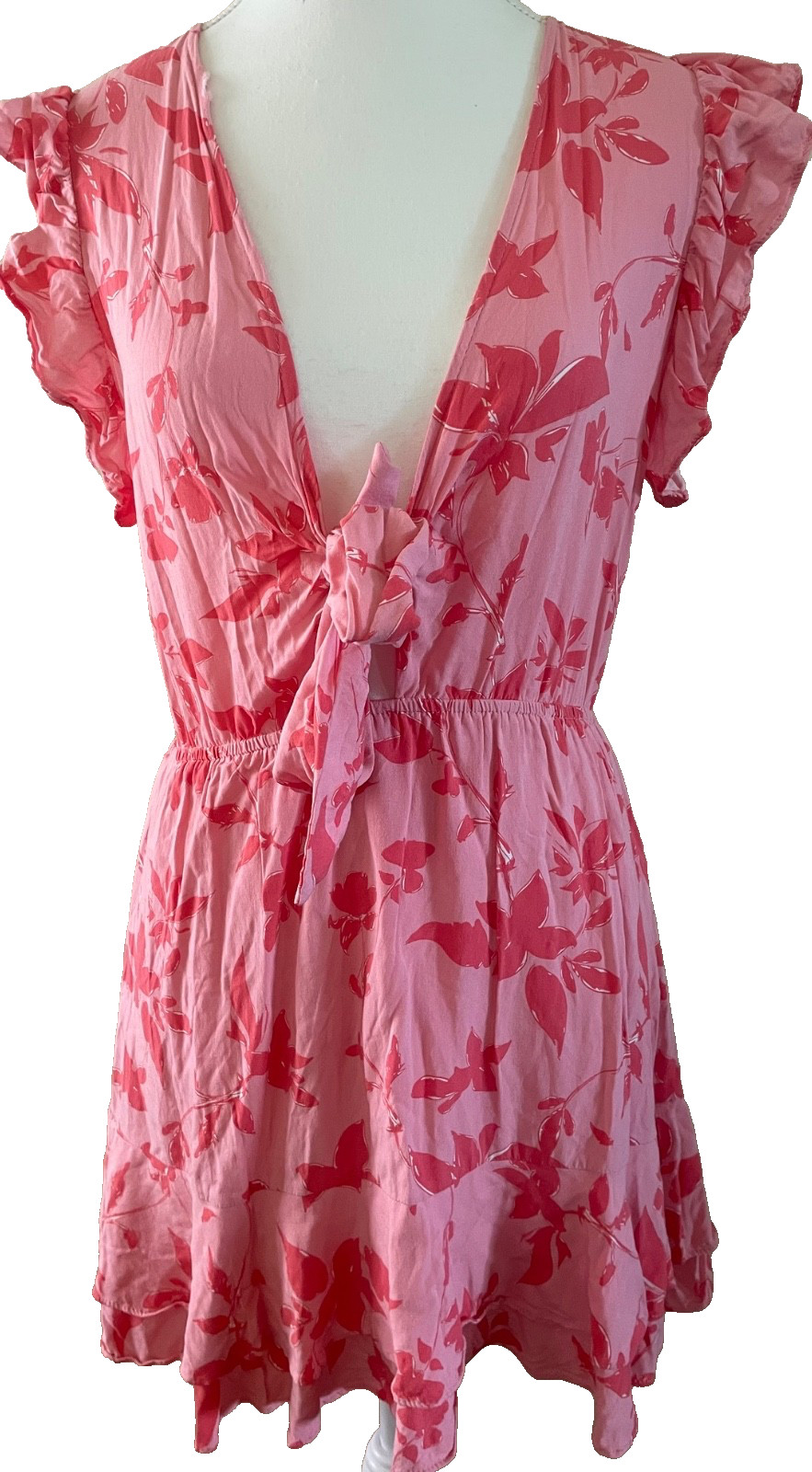 ALL ABOUT MAY Dress Size 6 Ruffle Pink Red Mini Tie V Neck Casual Party Travel
