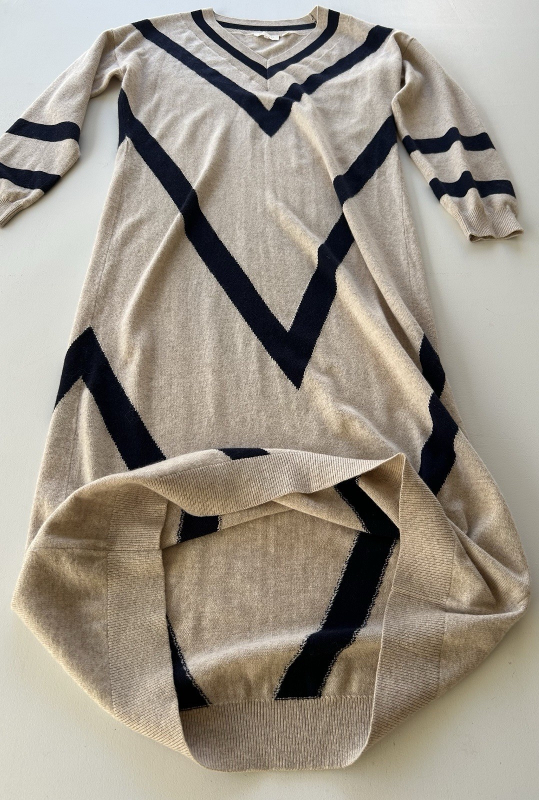Ted Baker Knit Wool Cashmere Blend Sweater Dress Chevron Tan Navy Women’s Size 3