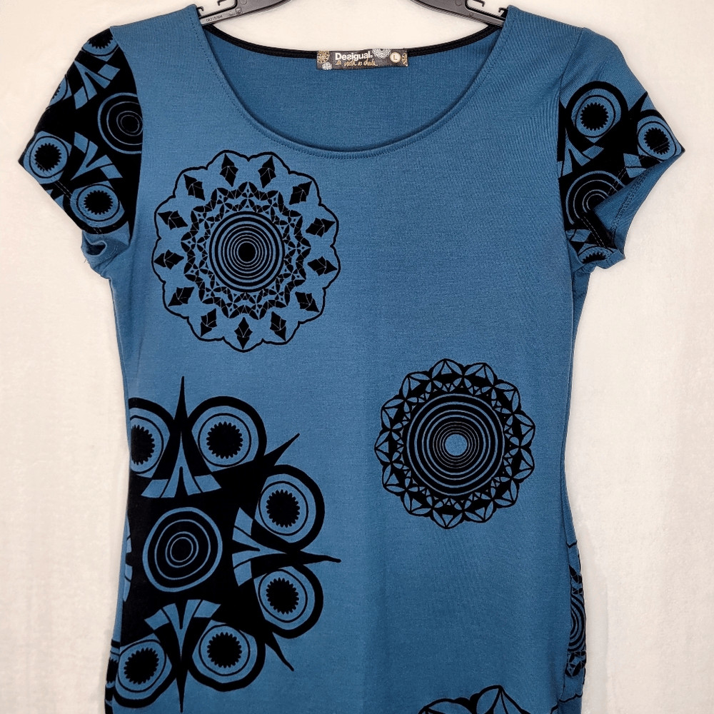 Desigual Velvet Mandala Pattern Short Sleeve Sheath Dress Size Large