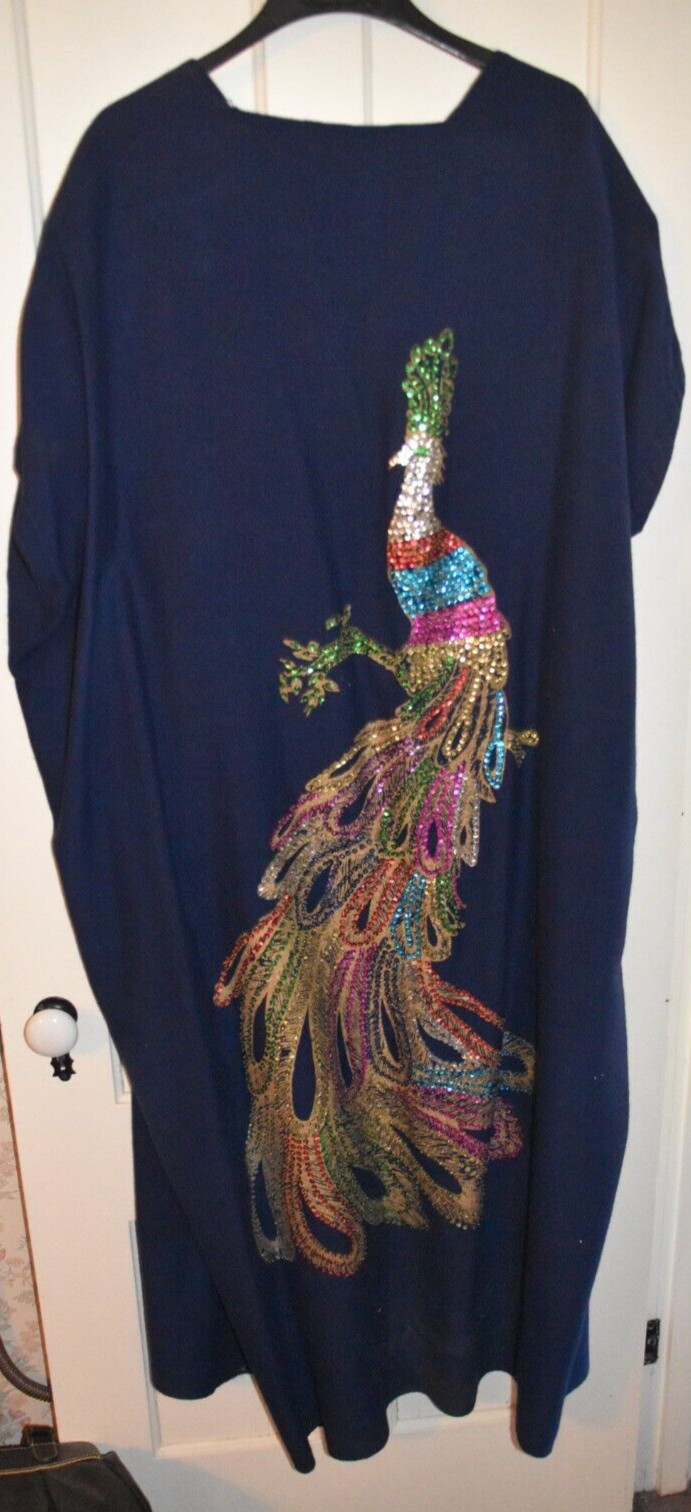 Custom Exotic Dark Blue Navy Full Length Contrast Painted, Sequined Robe Caftan