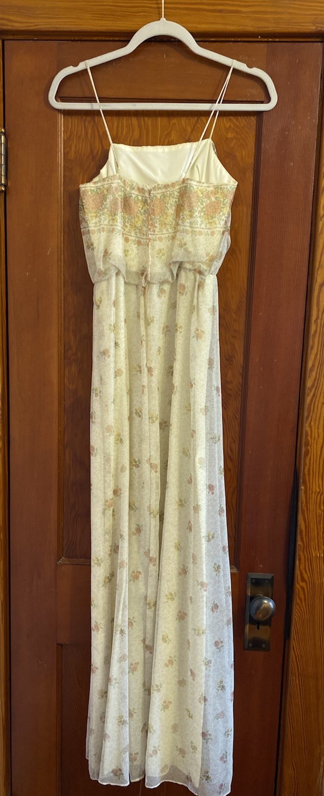 VTG 70s Handmade Chiffon Ivory Floral long Dress Gown Sheer Shawl Sleeveless XXS