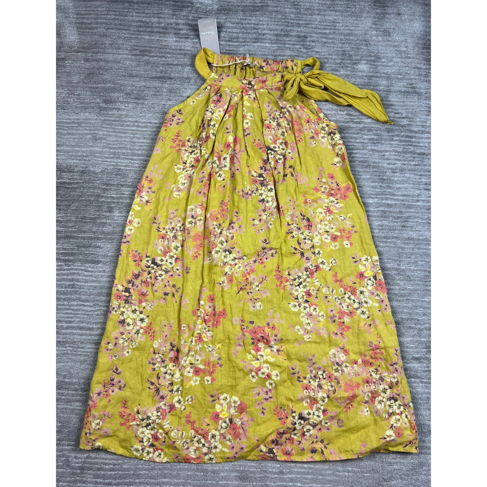 Bellambra Dress Womens S Mustard Floral 100% Linen Made in Italy Halter Midi