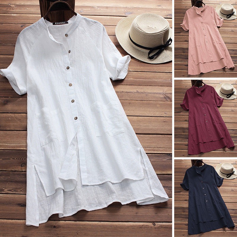 Casual Womens Raglan-sleeve Cotton-linen Top With Buttoned Pockets