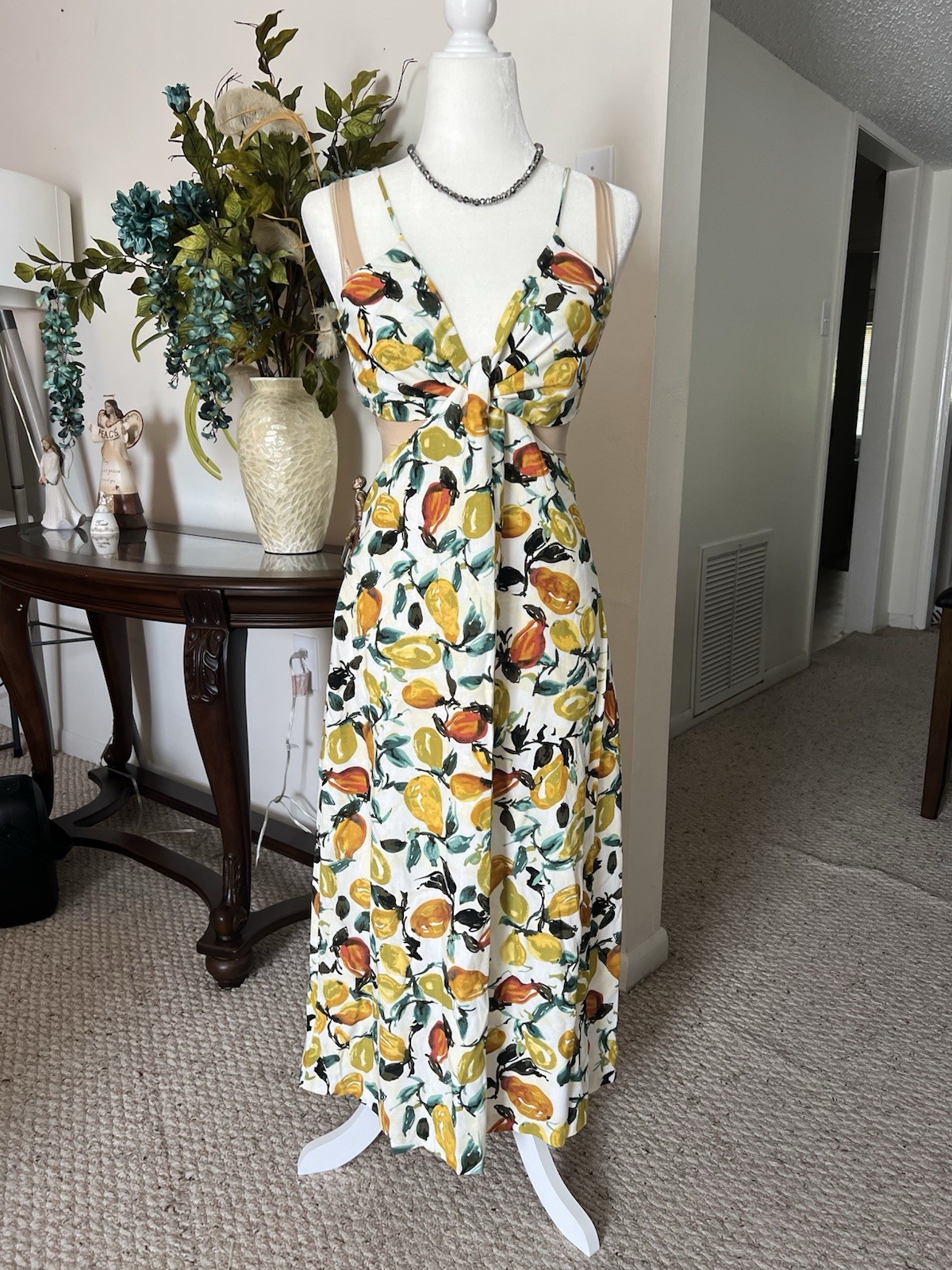WILLOW Lemon Print Linen Blend Cutout Maxi Dress S NWT Summer Vacation
