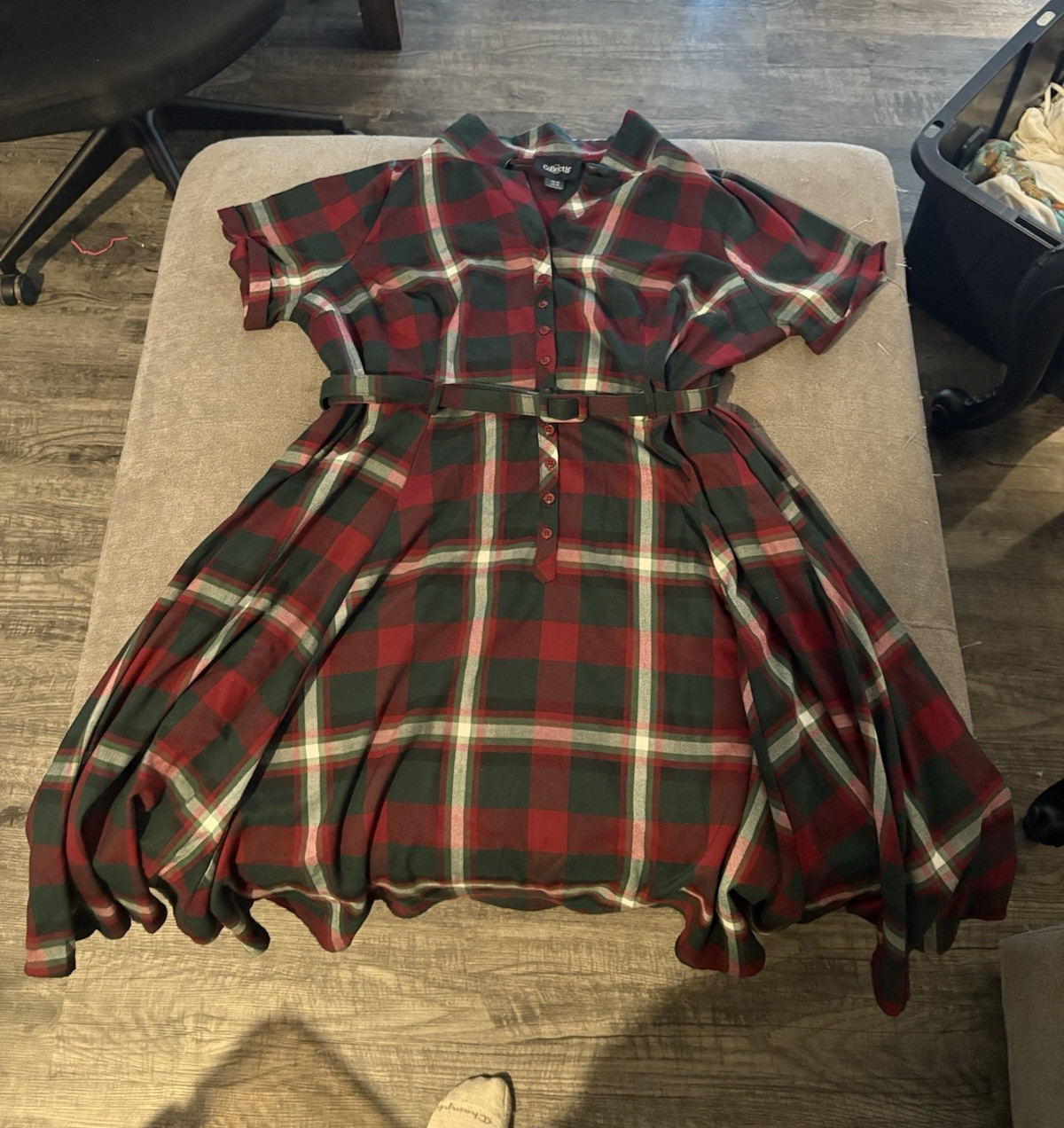 Collectif London Plaid Collared Retro Dress Red/Green Belted Button Front US 26