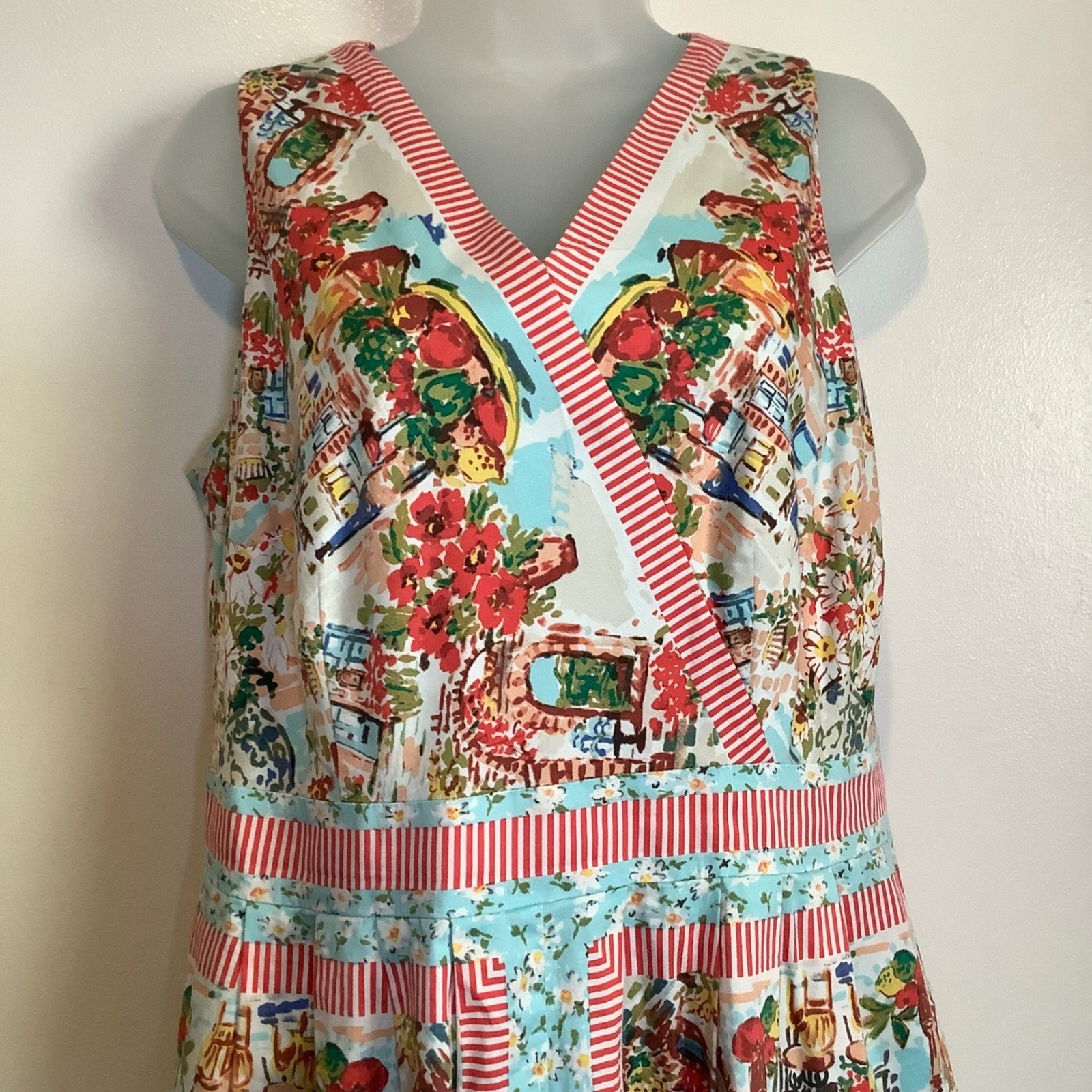 Talbots Mediterranean Cafe Novelty Print Sleeveless Cotton Dress Multi Color 10