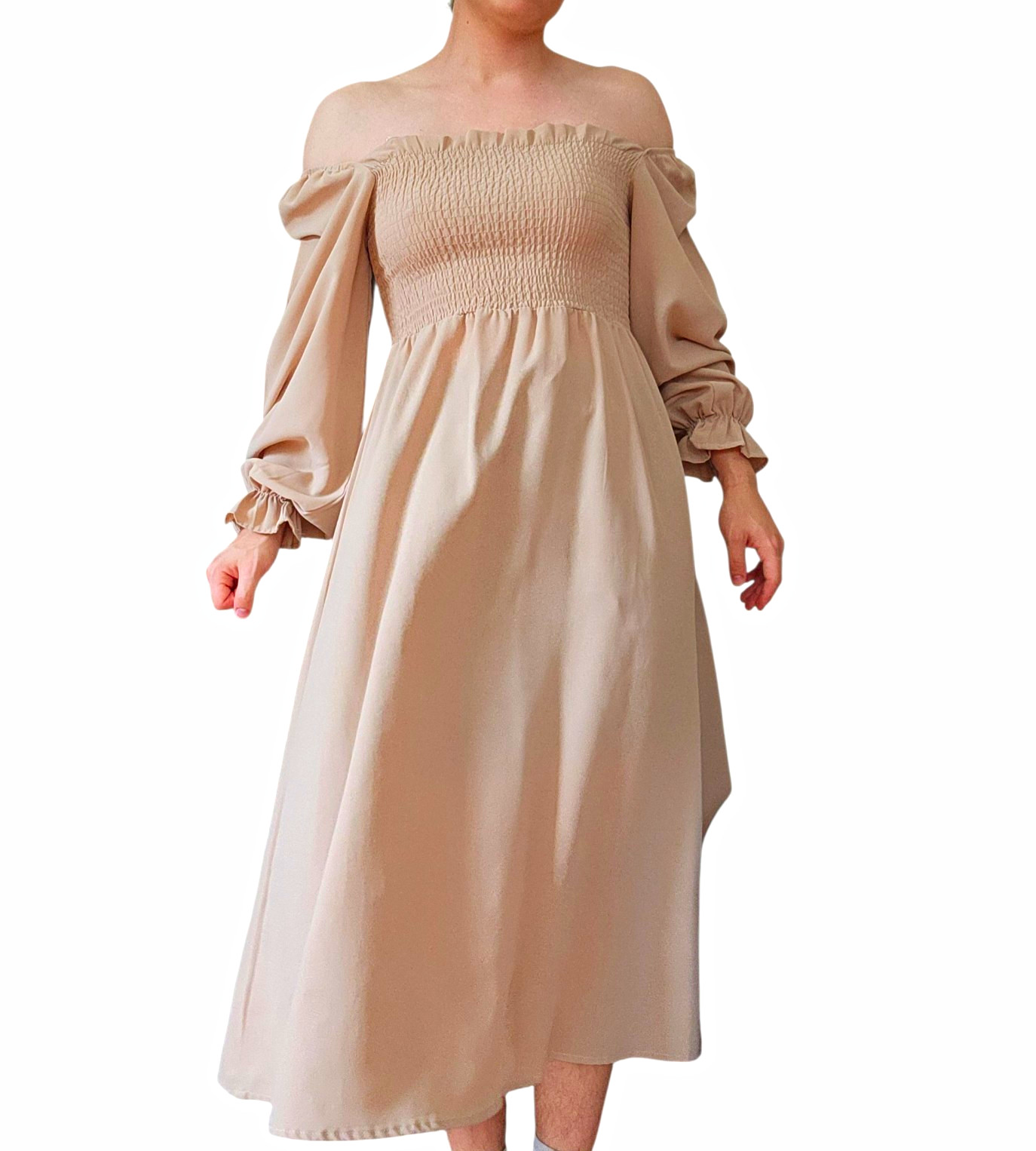 Gorgeous beige/oatmeal midi dress smocked bodice