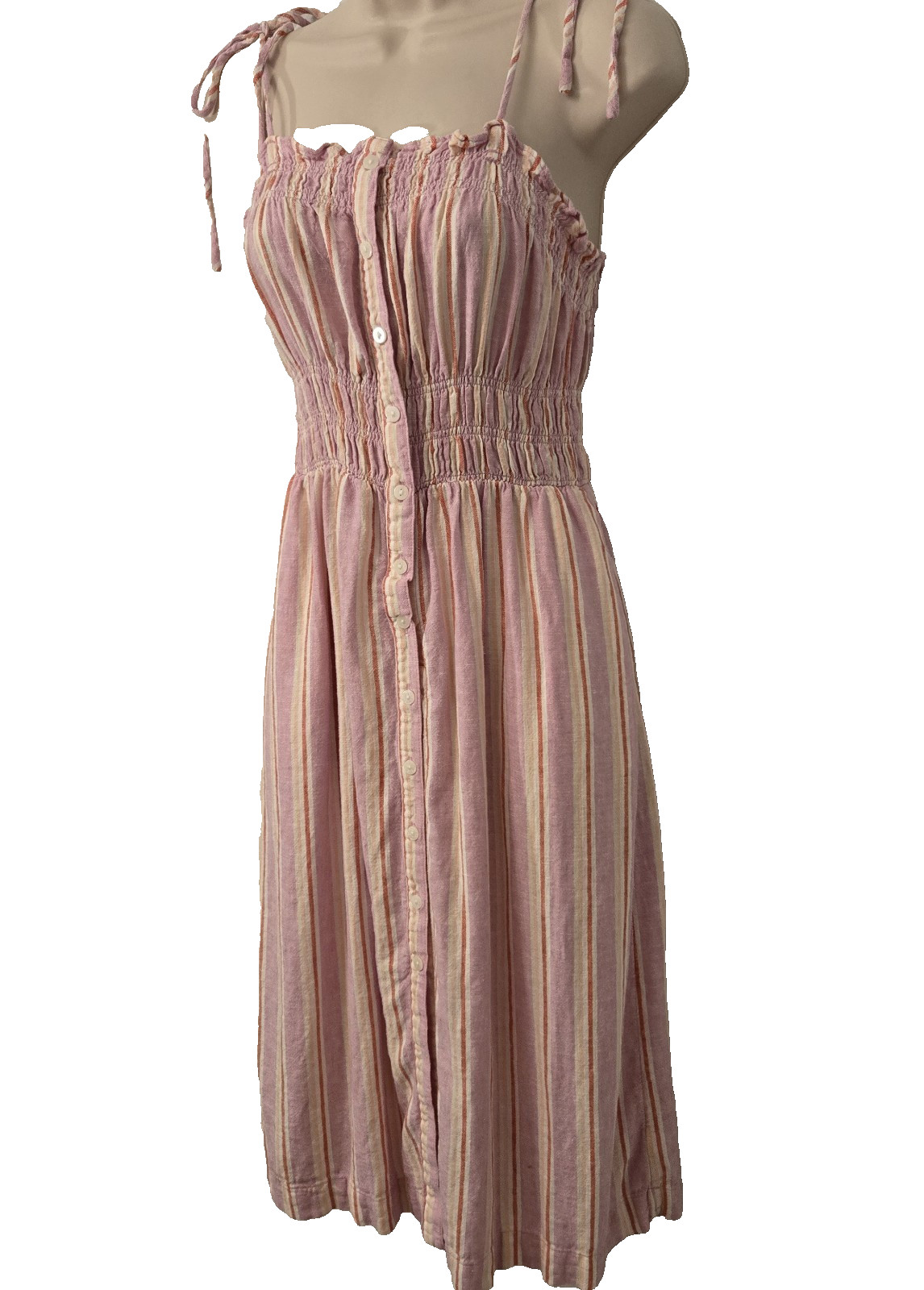 Pink Striped Smocked Linen Blend Midi Dress Tie Shoulder Button Summer Beach S