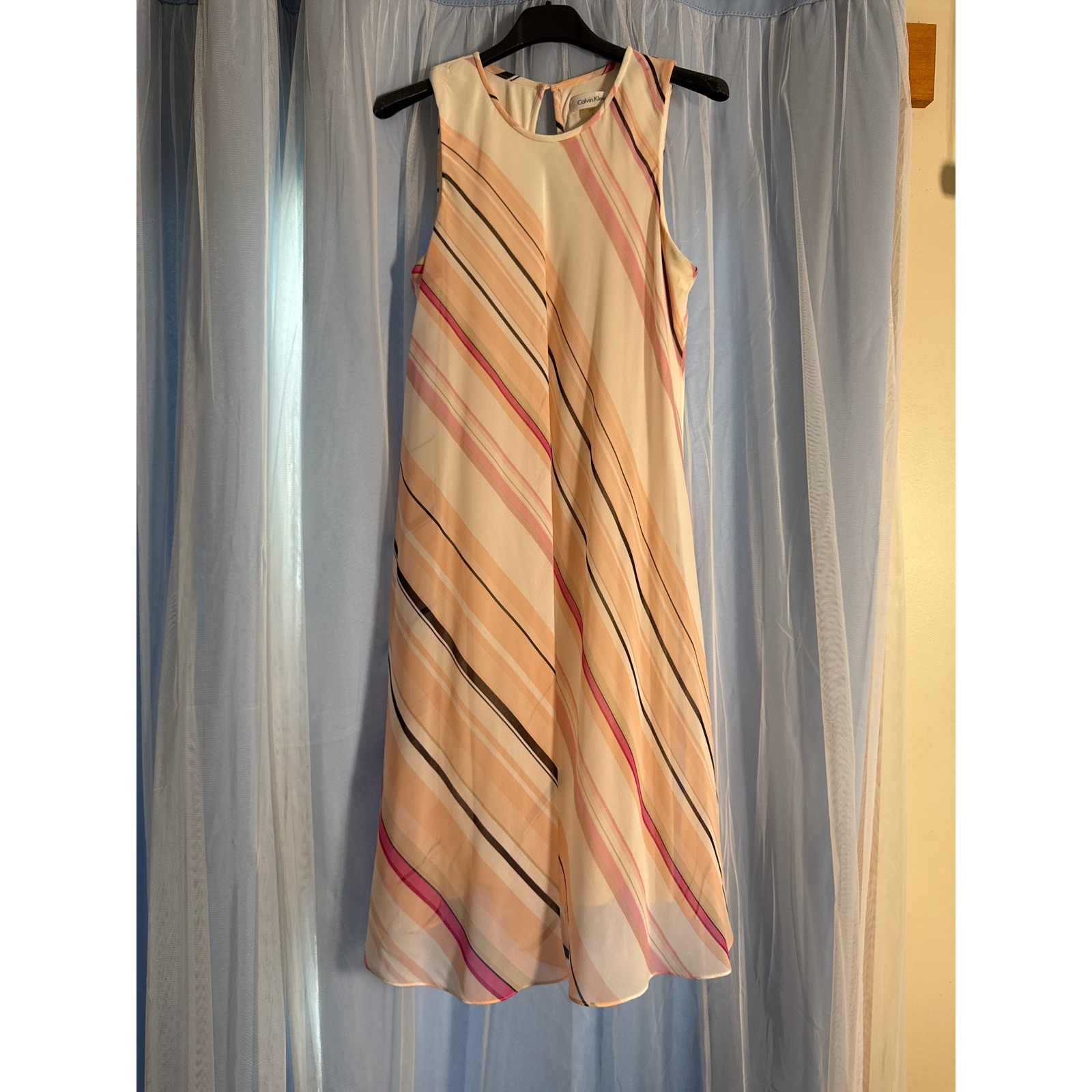 Calvin Klein Shift Dress Womens 8 Peach Pink Striped Sleeveless Chiffon