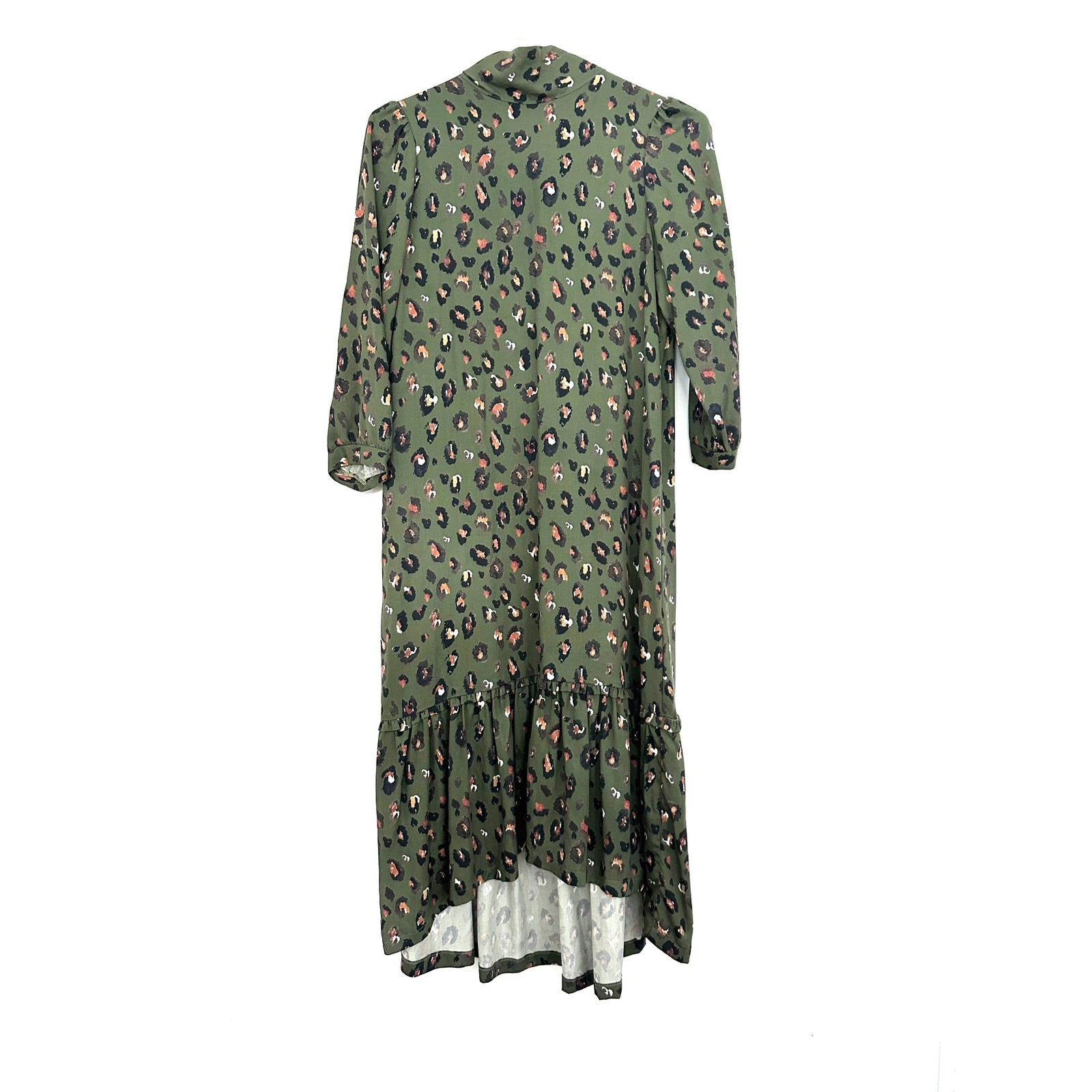 Brooke Wright Dress Womens XS/S Midi Olive Green Leopard Print Bow Neck Ruffle