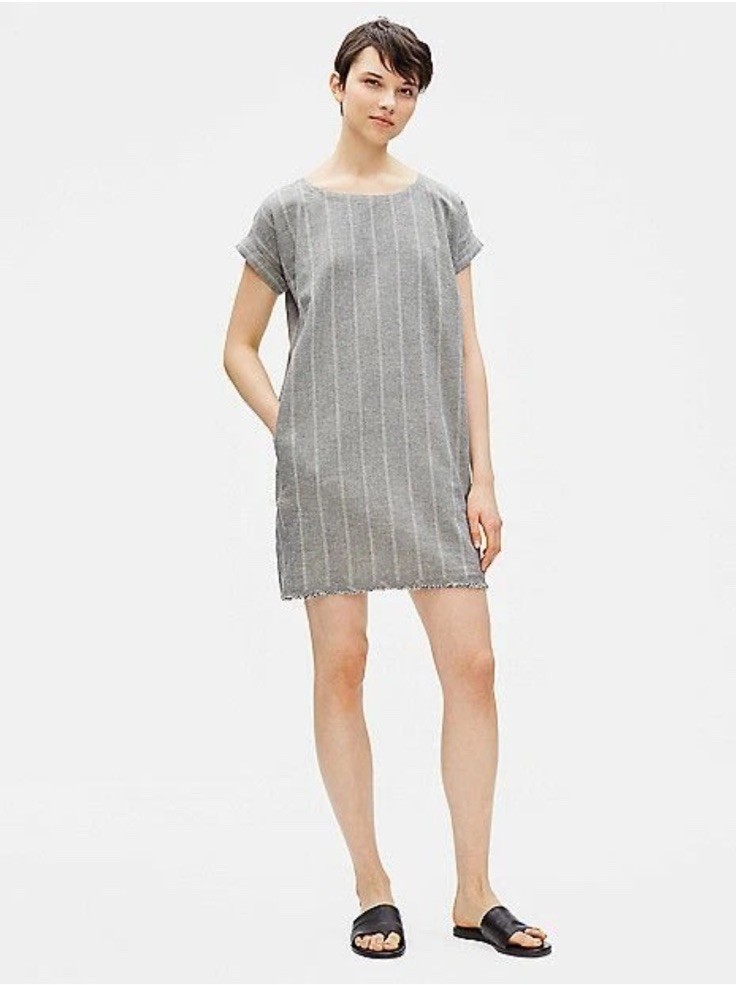 Eileen Fisher Gray Striped Hemp Organi Cotton Short Sleeve Shift Dress Sz XXS