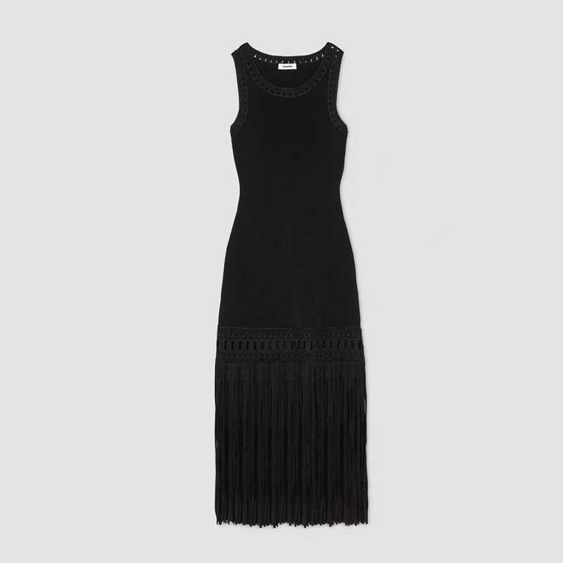 sandro black knit tassel Long pattern Knitted dress for Women