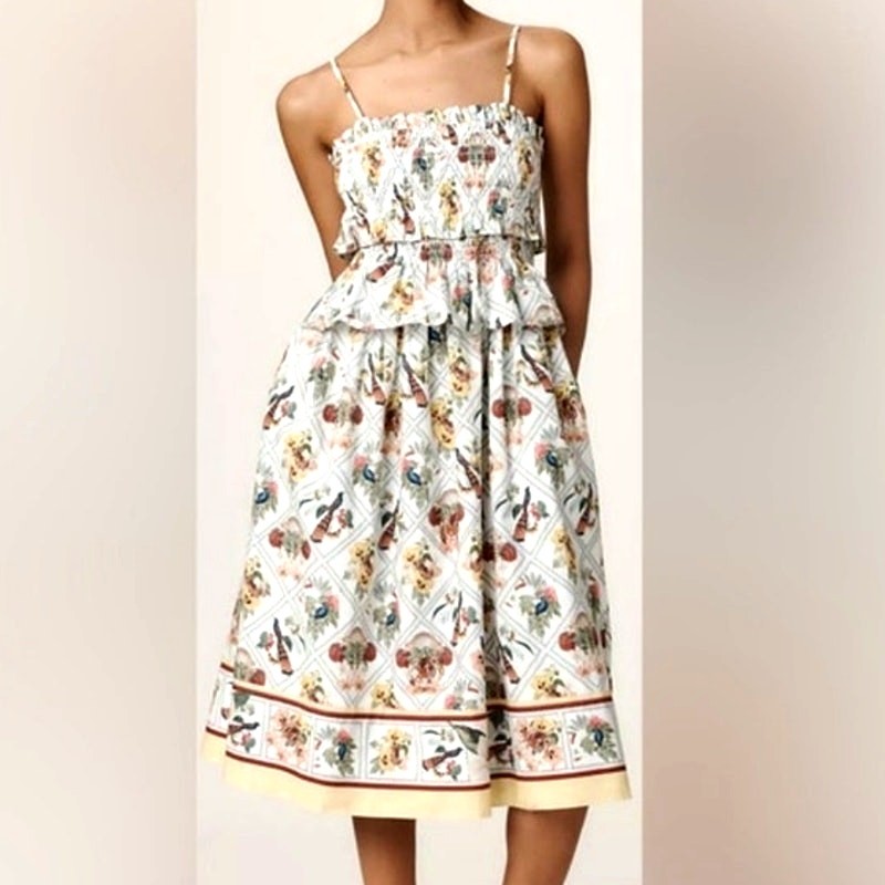 Anthropologie Floral Bird Midi Dress Smocked Tiered Cotton Cottage S