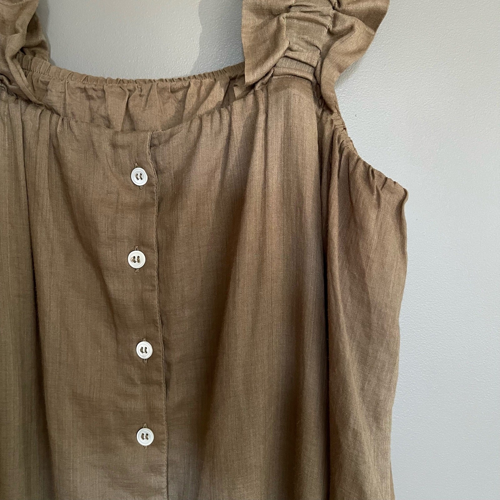 Frame Ruffle Strap Button Back Dress in Moss Size Small Khaki Green Ramie Chic