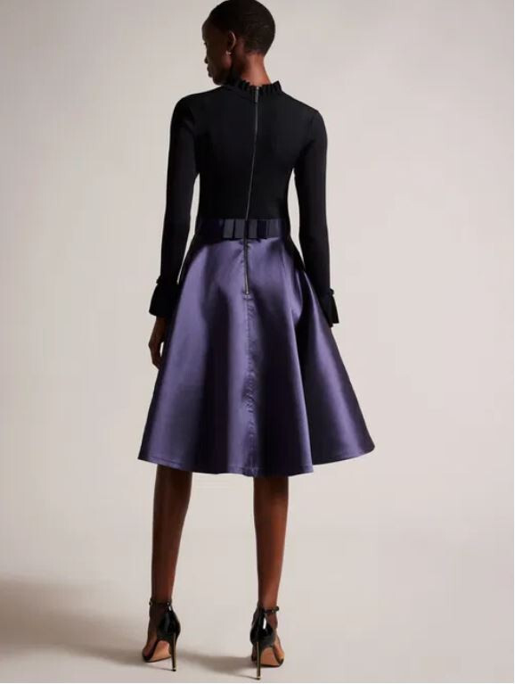 Ted Baker Zadi Long Sleeve Full Skirt Dress Size 4 UK 14 Dark Blue Black Navy