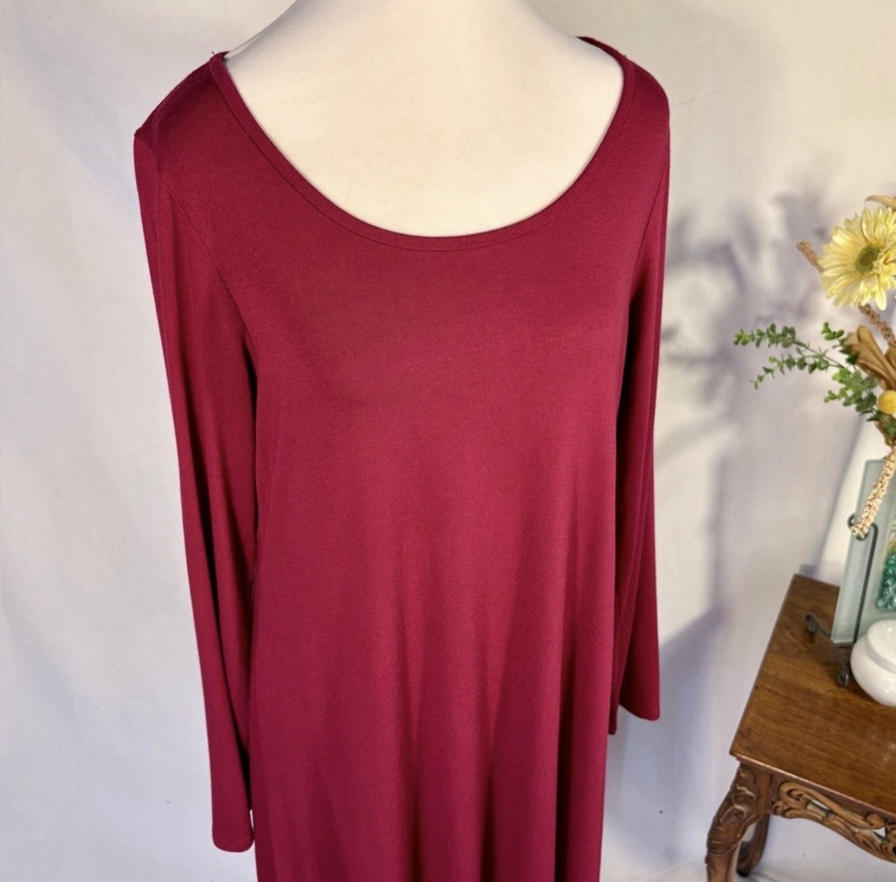 💥Eileen Fisher Scarlet Red Viscose Jersey Keyhole-Back Midi Dress Sz Medium 💛
