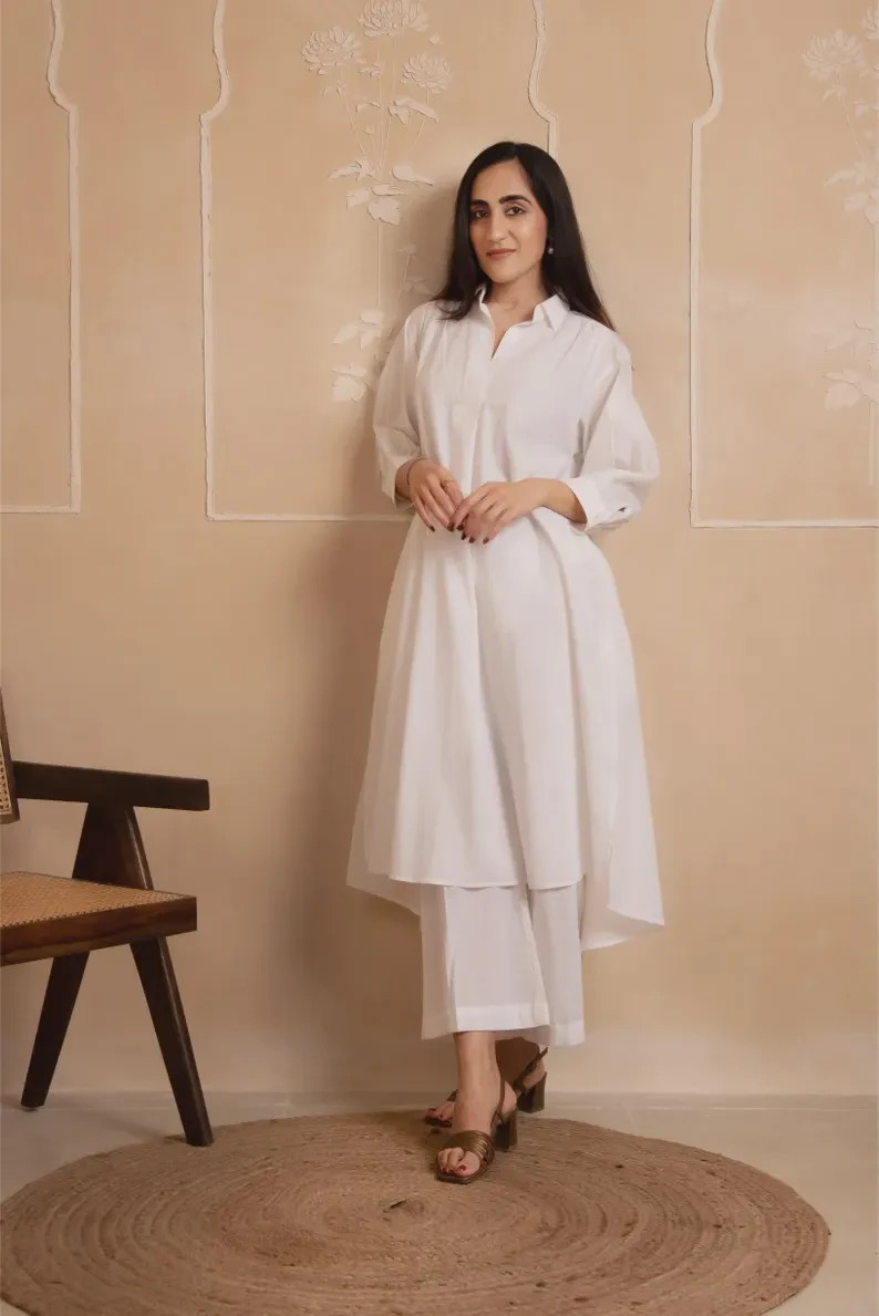 White Cotton Boho Co-ord Set | Collared Kurta & Palazzo Pants Ethnic Dress