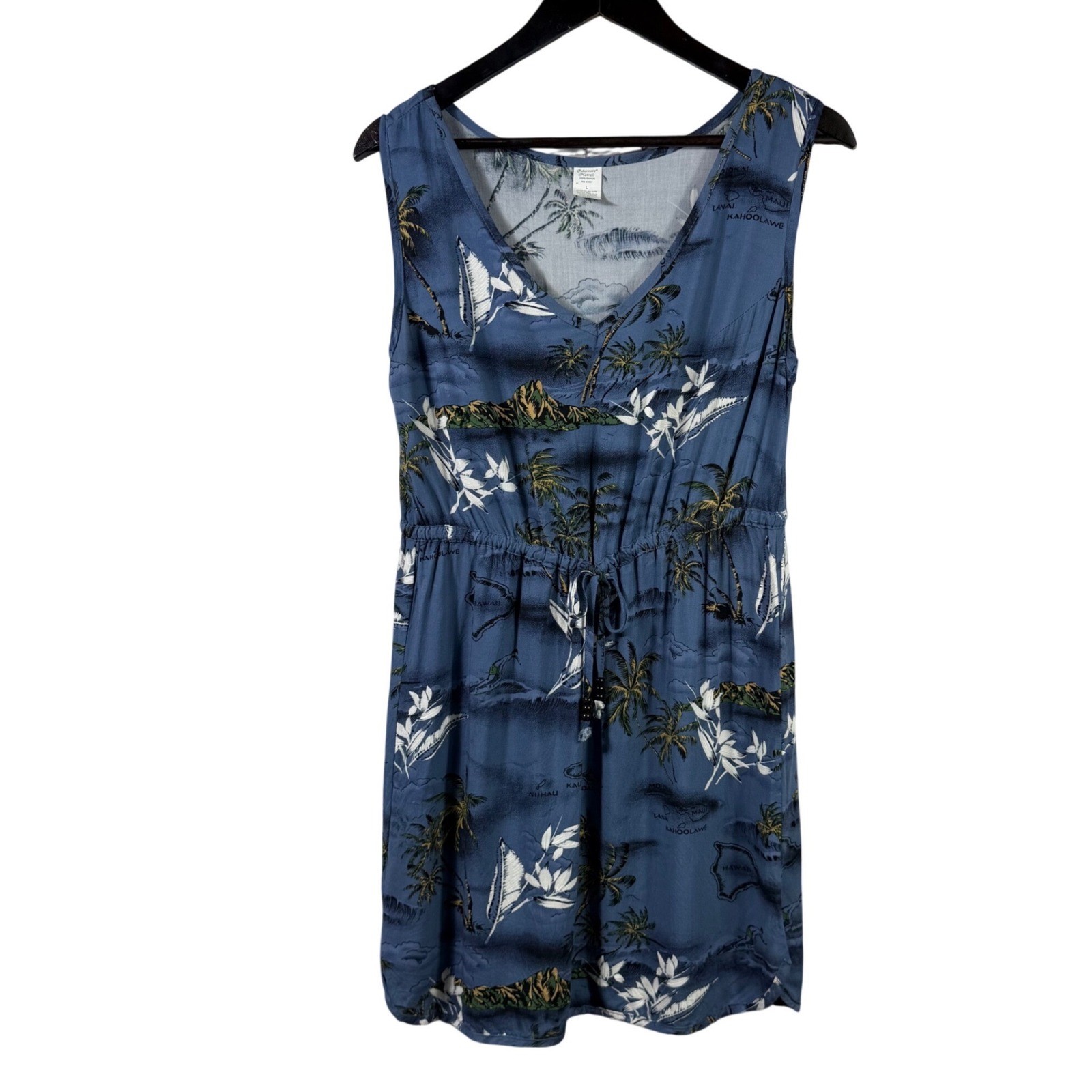 Palmwave Hawaii Blue Tropical Island Map Rayon Dress V-Neck Drawstring Large