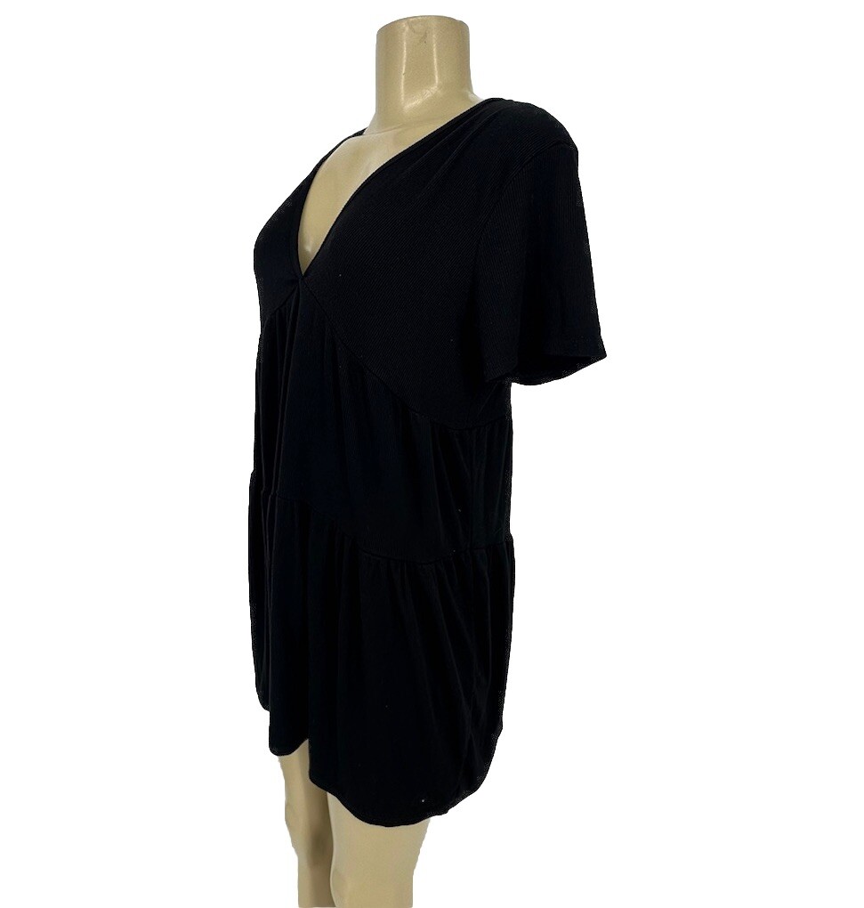21 Saints Medium Tiered Shift V-Neck Mini Short Sleeve Dress Cover Up Black D12v