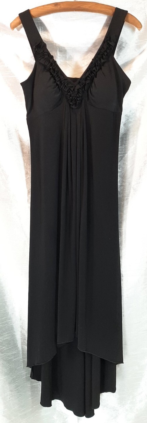 En Focus Sz 10 Evening Gown Formal Maxi Dress Ruffle V-neck Hi Low Hemline Black