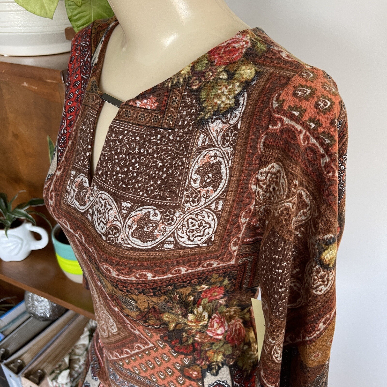 Patchwork Floral Pullover Dress Size Small Midi Shift Dress Casual Boho