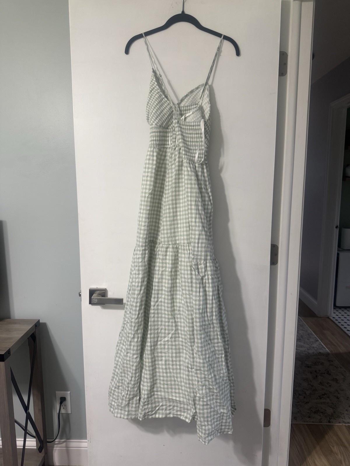 Altar’d State U166 Sage/Ivory Gingham Smocked Tiered V-Neck Maxi Sundress Size L