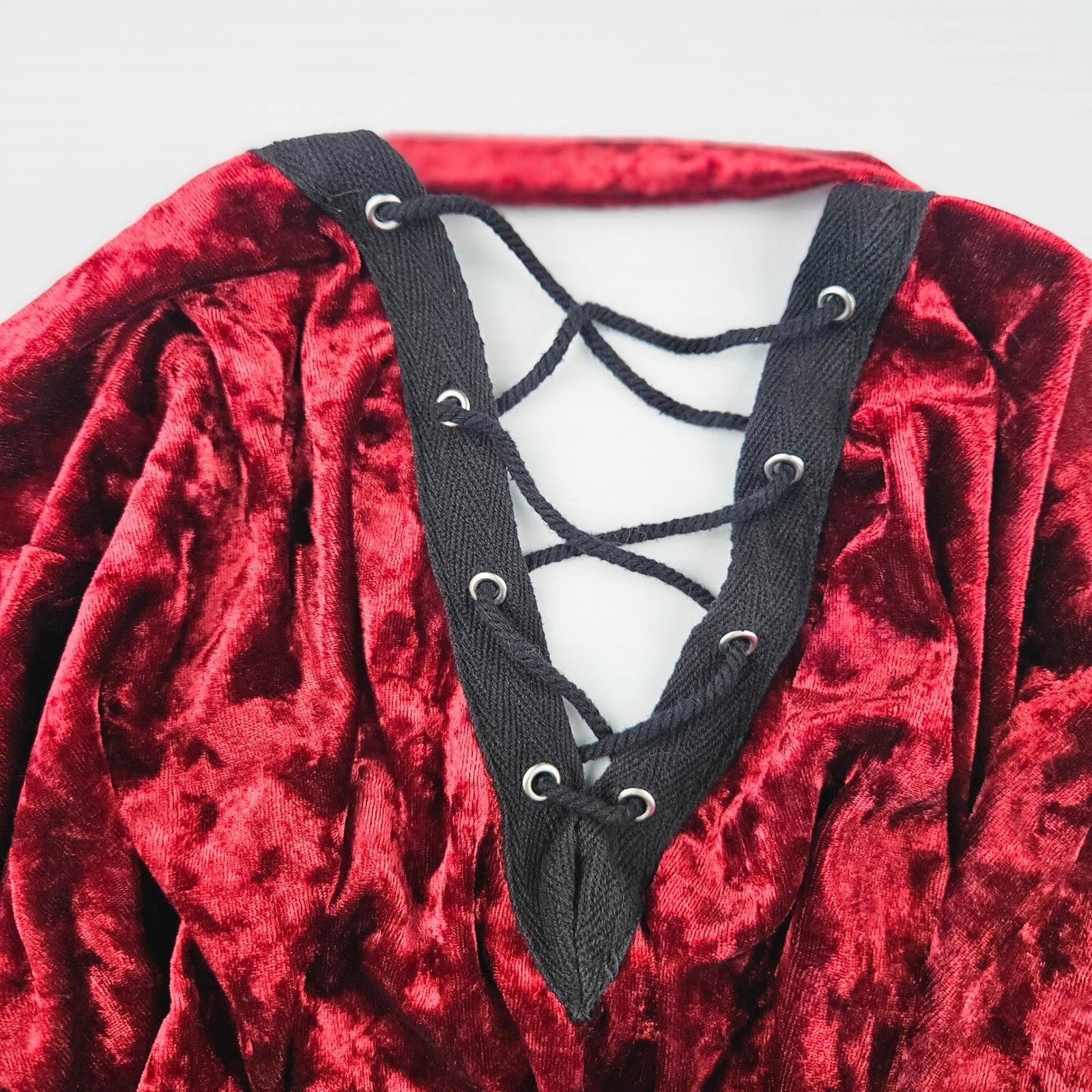 Adam Levine Red Crushed Velour Lace Up Mini Dress Short Sleeve Whimsigoth Y2K