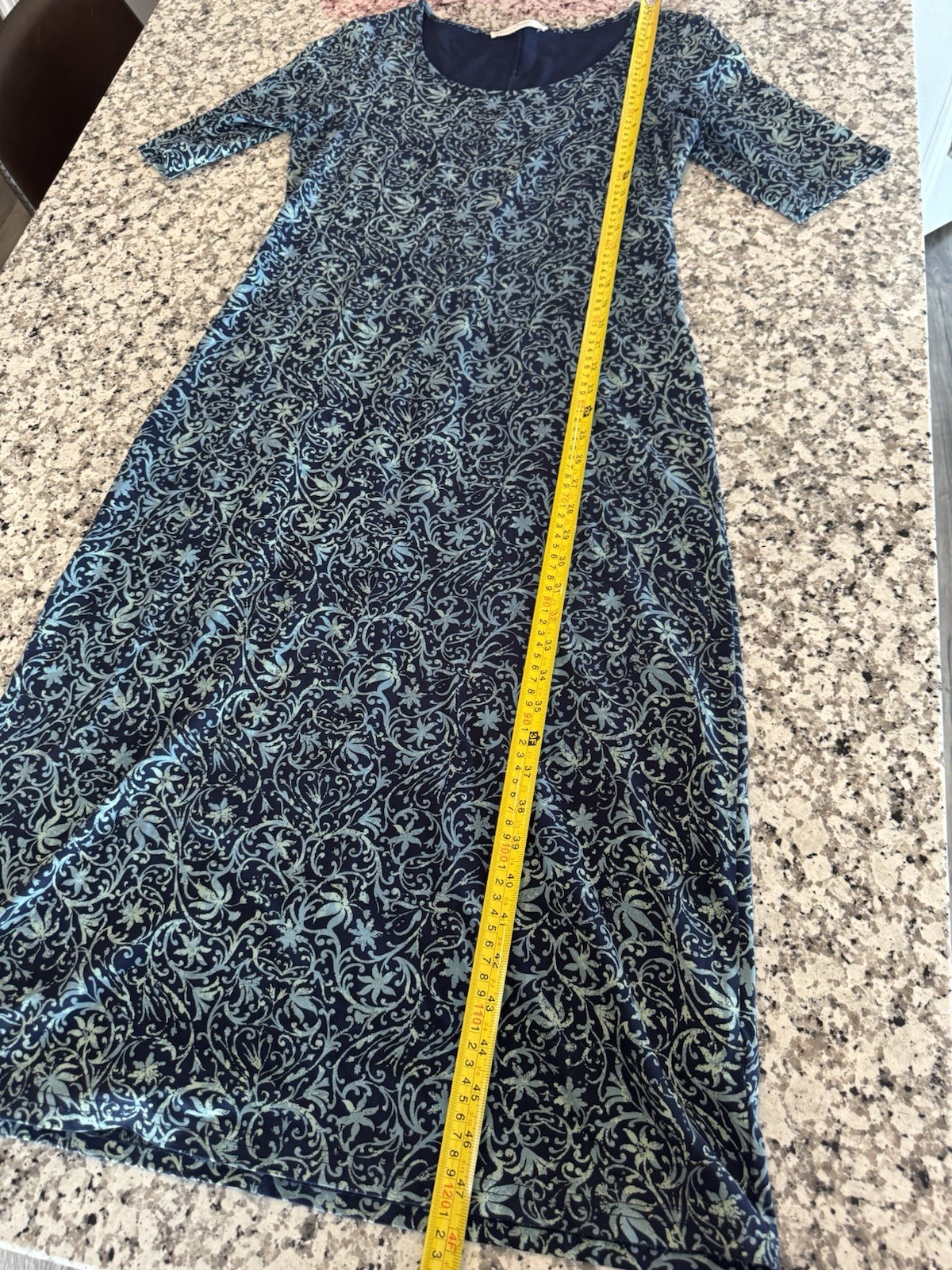 Peruvian Connection Blue Scroll Print Cotton Lycra Midi Dress Size M Stretch