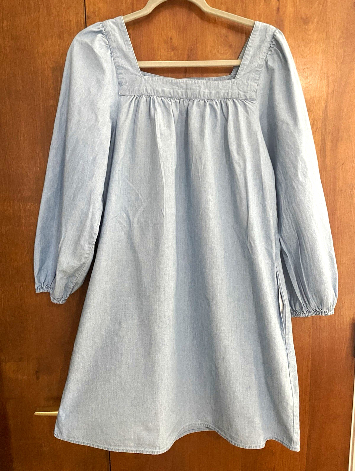 J.Crew Blue Chambray Cotton Shift Dress Square Neck Smocked 3/4 Sleeve, L