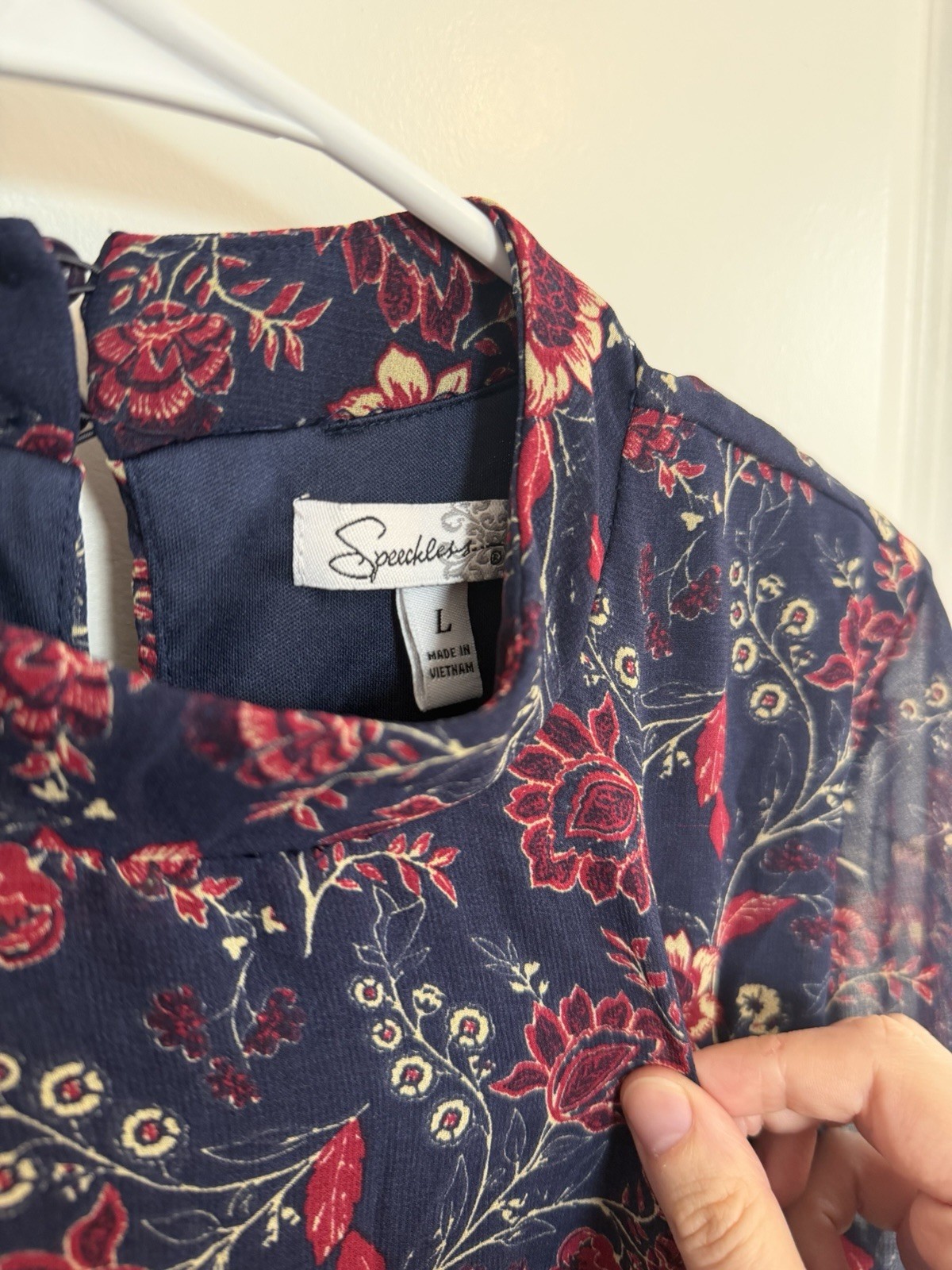 Speechless Navy Red Floral Chiffon Shift Dress Long Bell Sleeve Round Neck Large